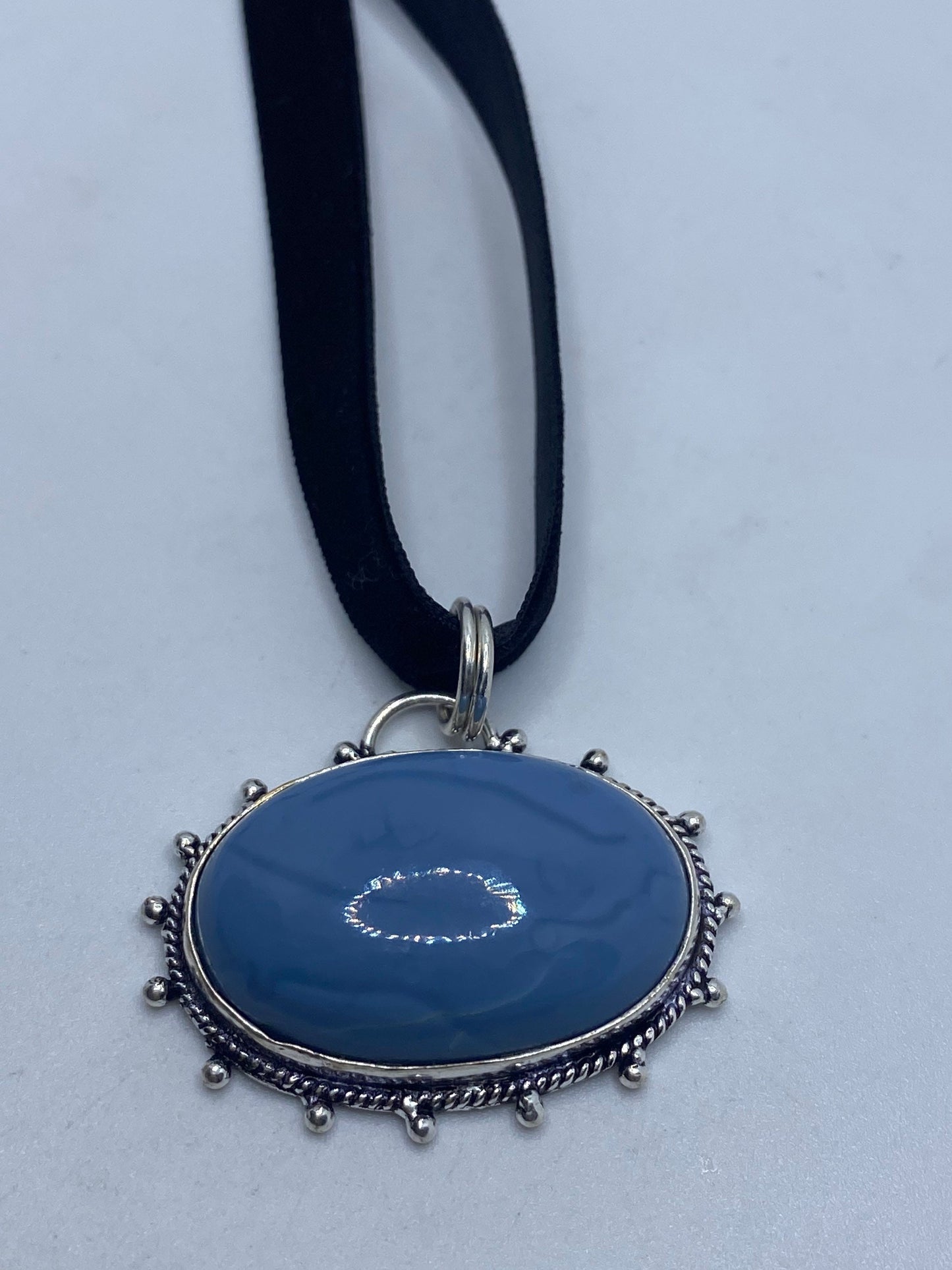 Vintage Blue Onyx Black Velvet Ribbon Choker Necklace