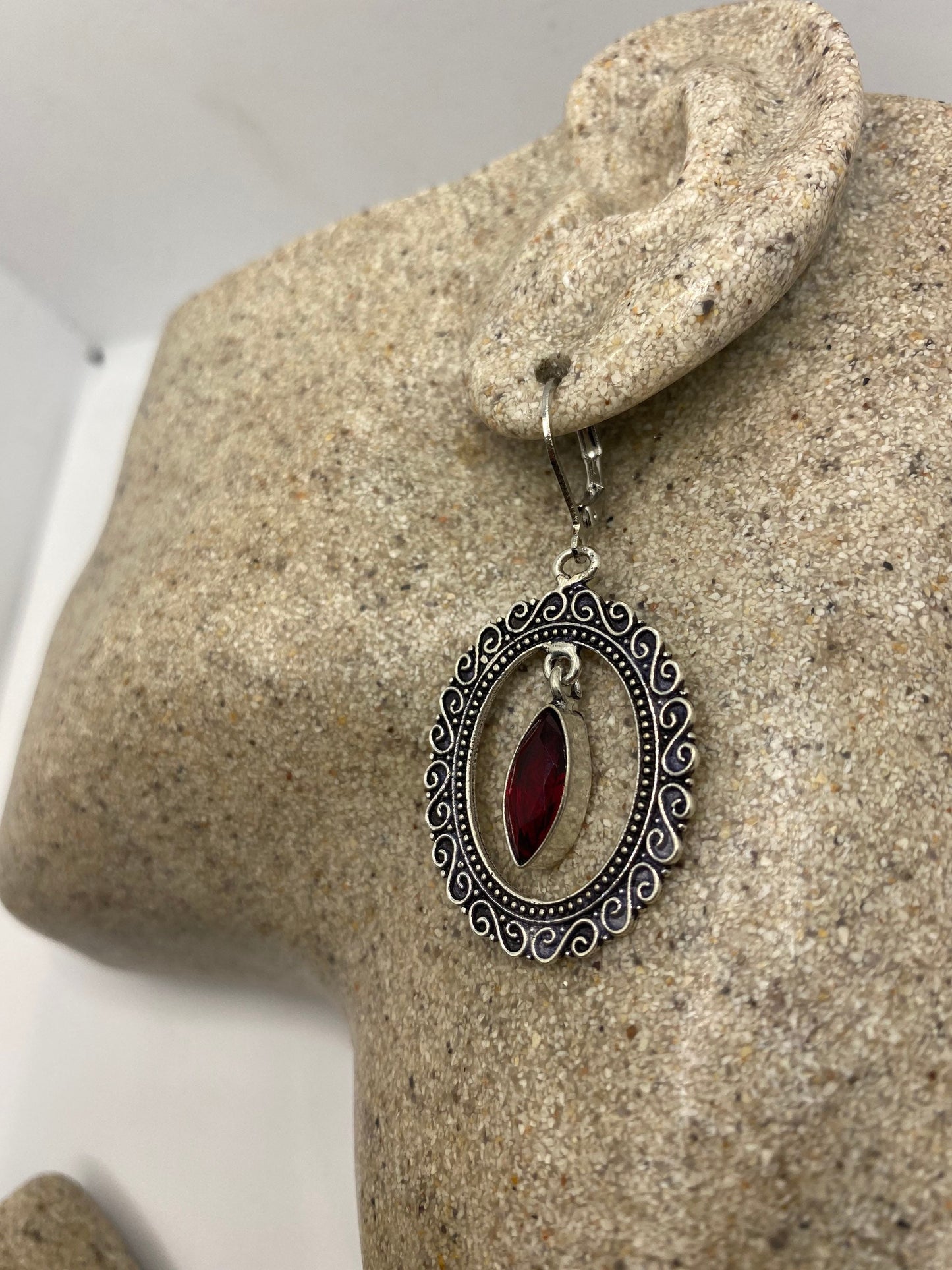 Vintage Red Ruby Glass Earrings 925 Sterling Silver Leverback