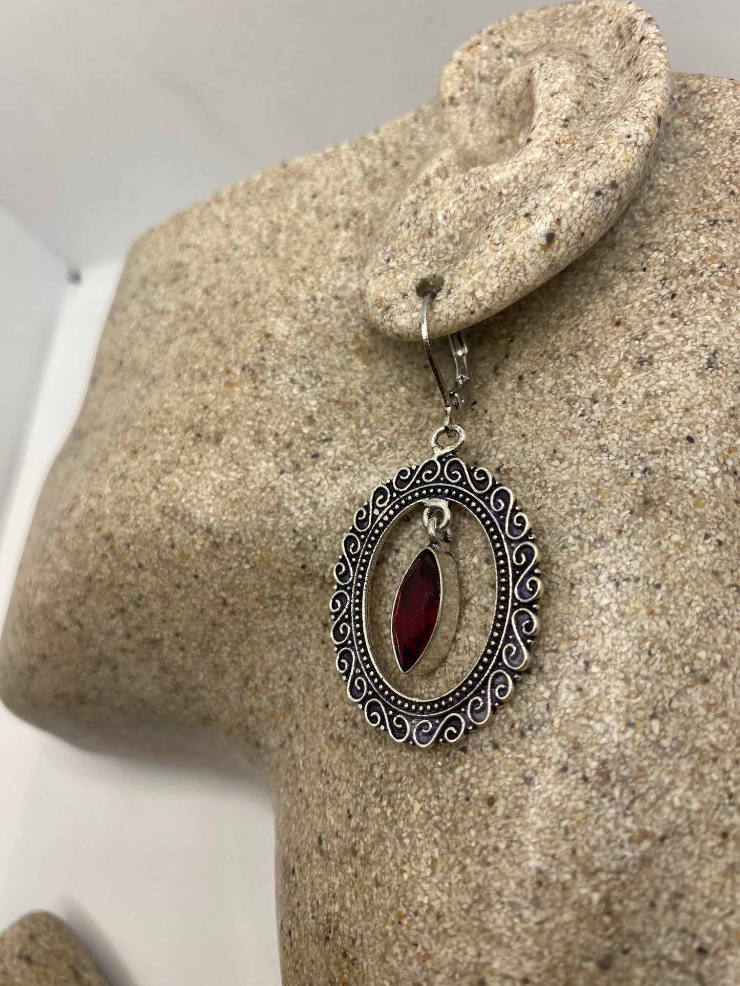 Vintage Red Ruby Glass Earrings 925 Sterling Silver Leverback