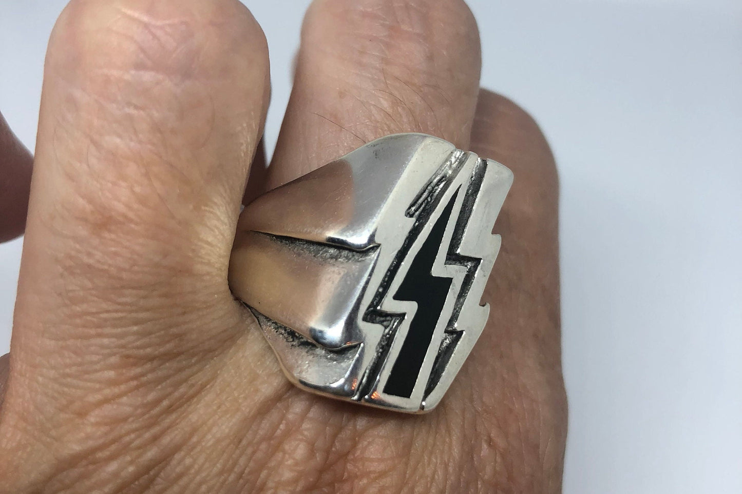 Vintage Southwestern Black Inlay Lighting Bolt Mens Biker Ring