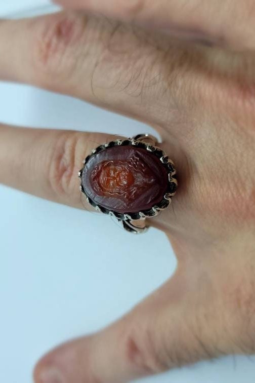 Vintage Carnelian Cameo Ring, Jesus Christ, 925 Sterling Silver