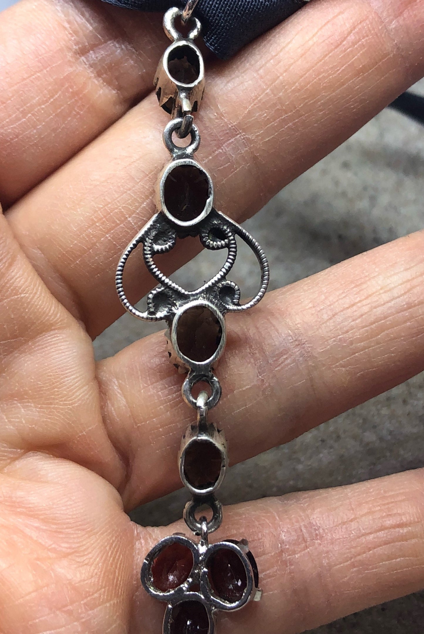 Bohemian Y Necklace Smoky Topaz Garnet in 925 Sterling Silver