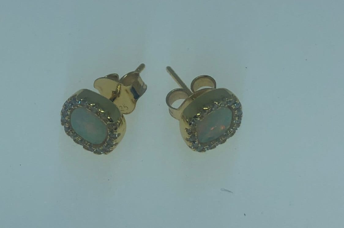 Vintage Fire Opal Earrings Golden 925 Sterling Silver button Studs