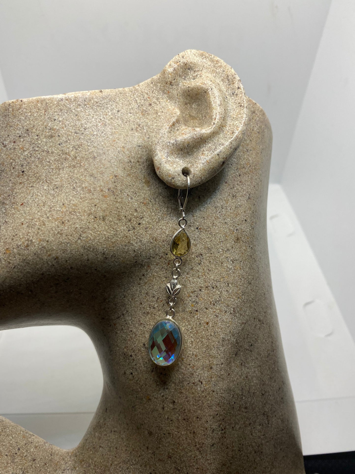 Antique Vintage Blue Pink Opal Glass Silver Dangle Earrings