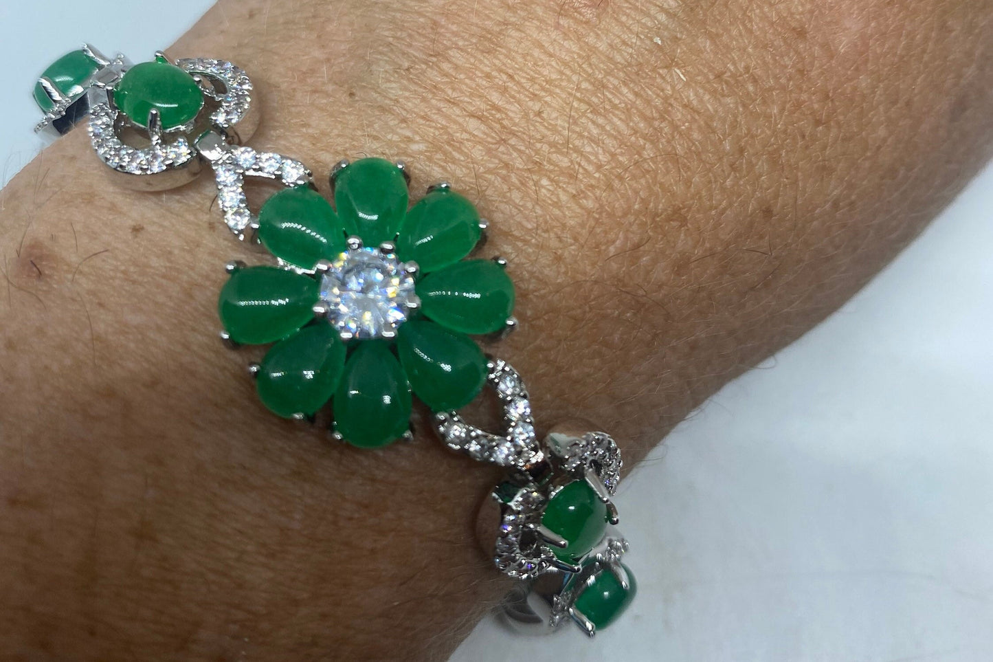 Vintage Green Jade Bracelet Silver White Bronze