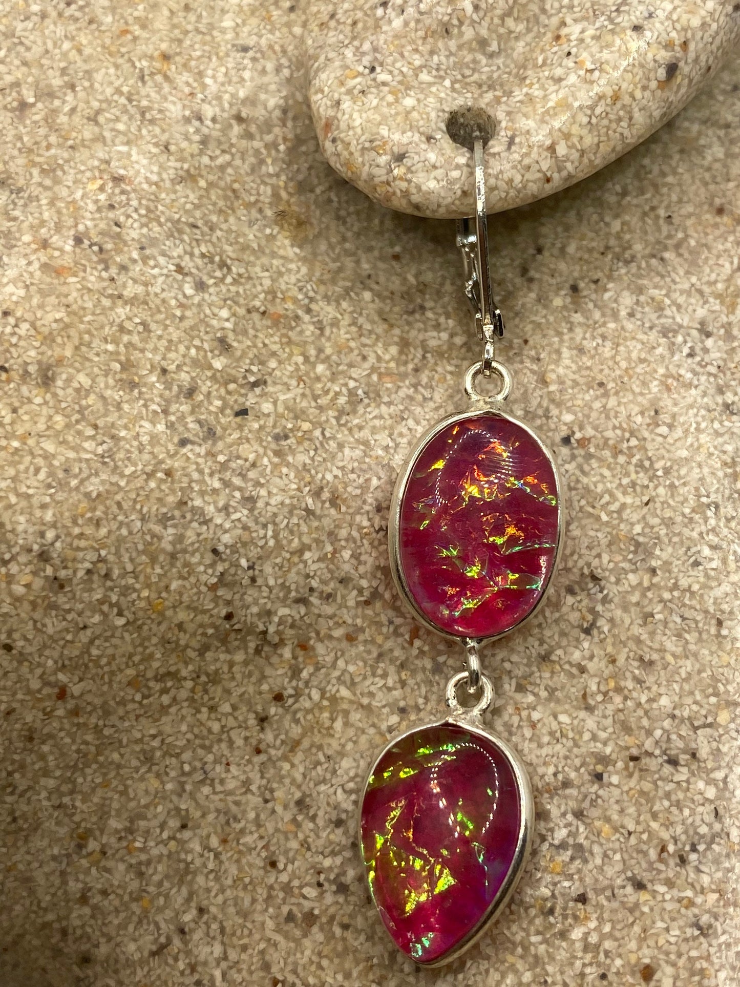 Antique Vintage Pink Butterfly wing Glass Silver Dangle Earrings