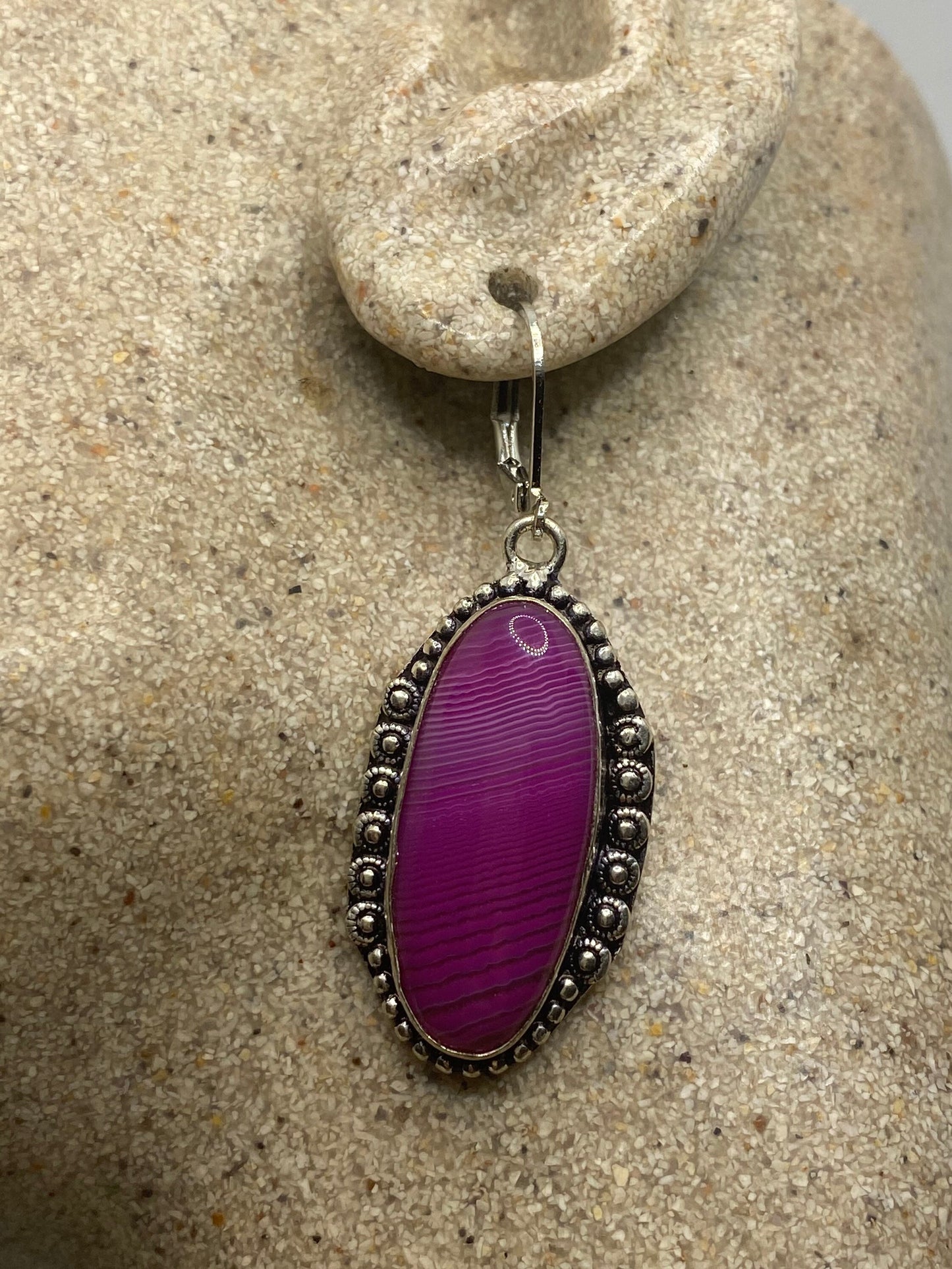 Antique Vintage Purple Banded agate Silver Dangle Earrings