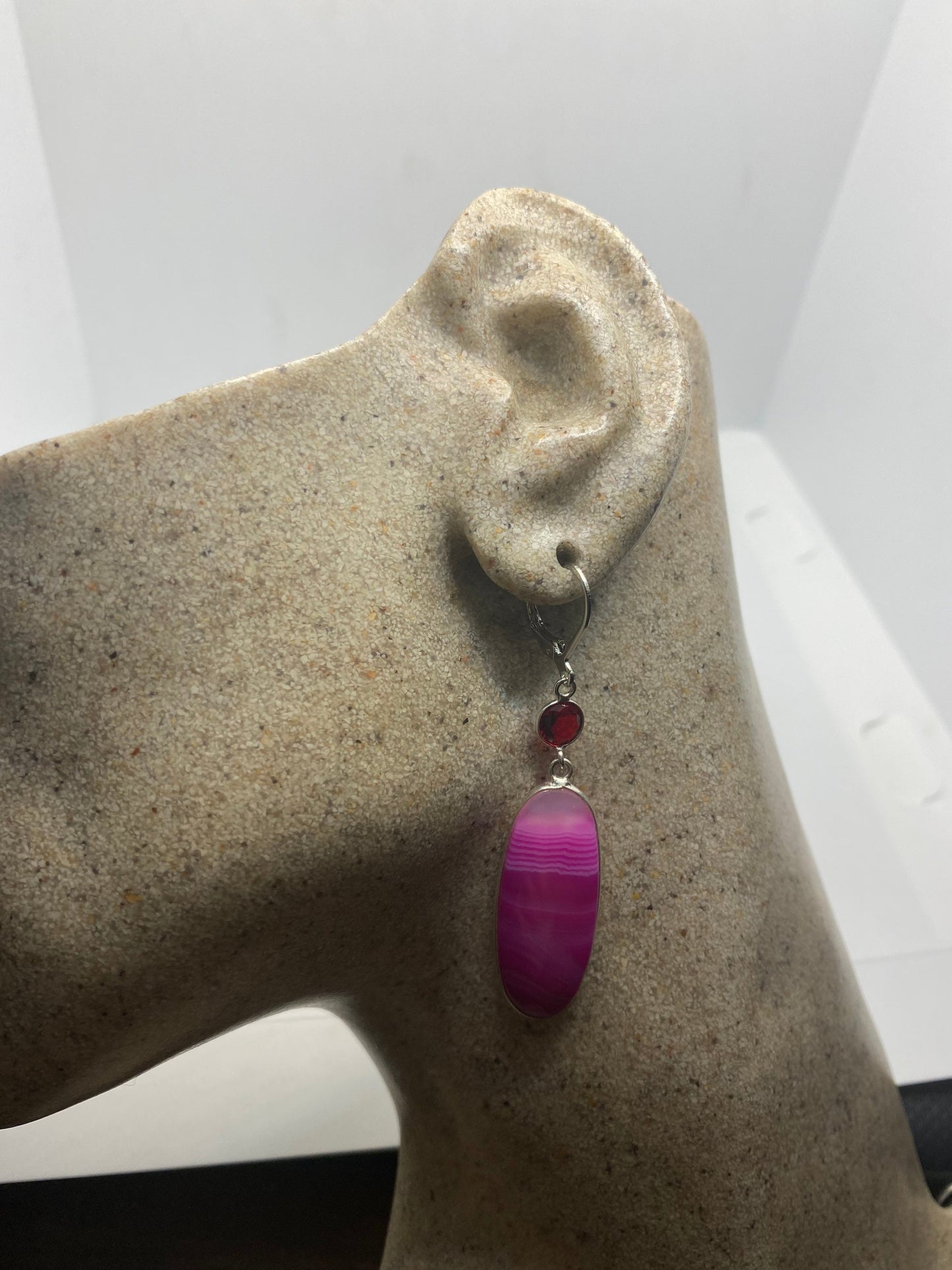 Antique Vintage Purple Banded agate Silver Dangle Earrings