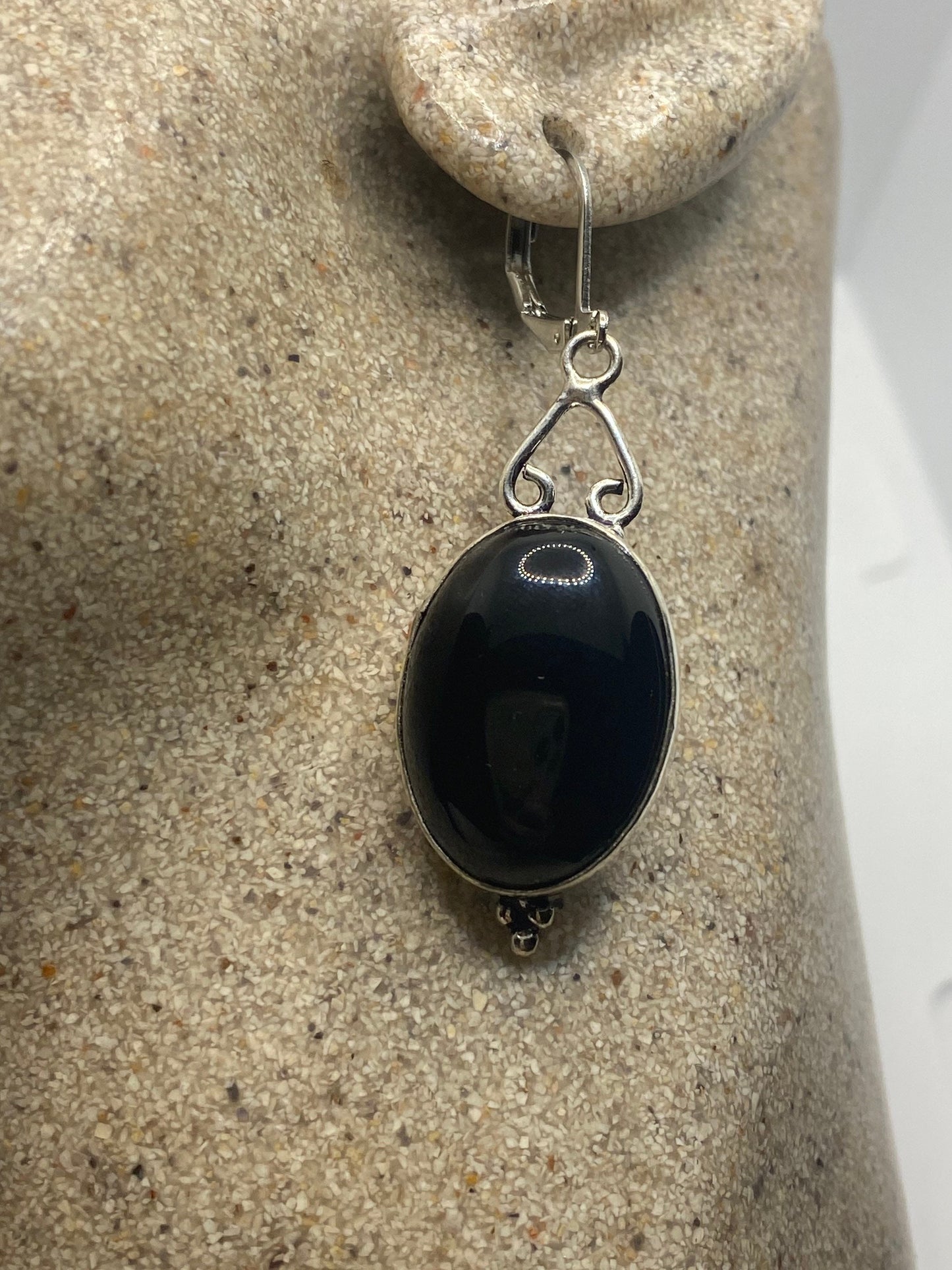 Vintage Black Onyx Earrings 925 Sterling Silver Deco Dangle Chandelier