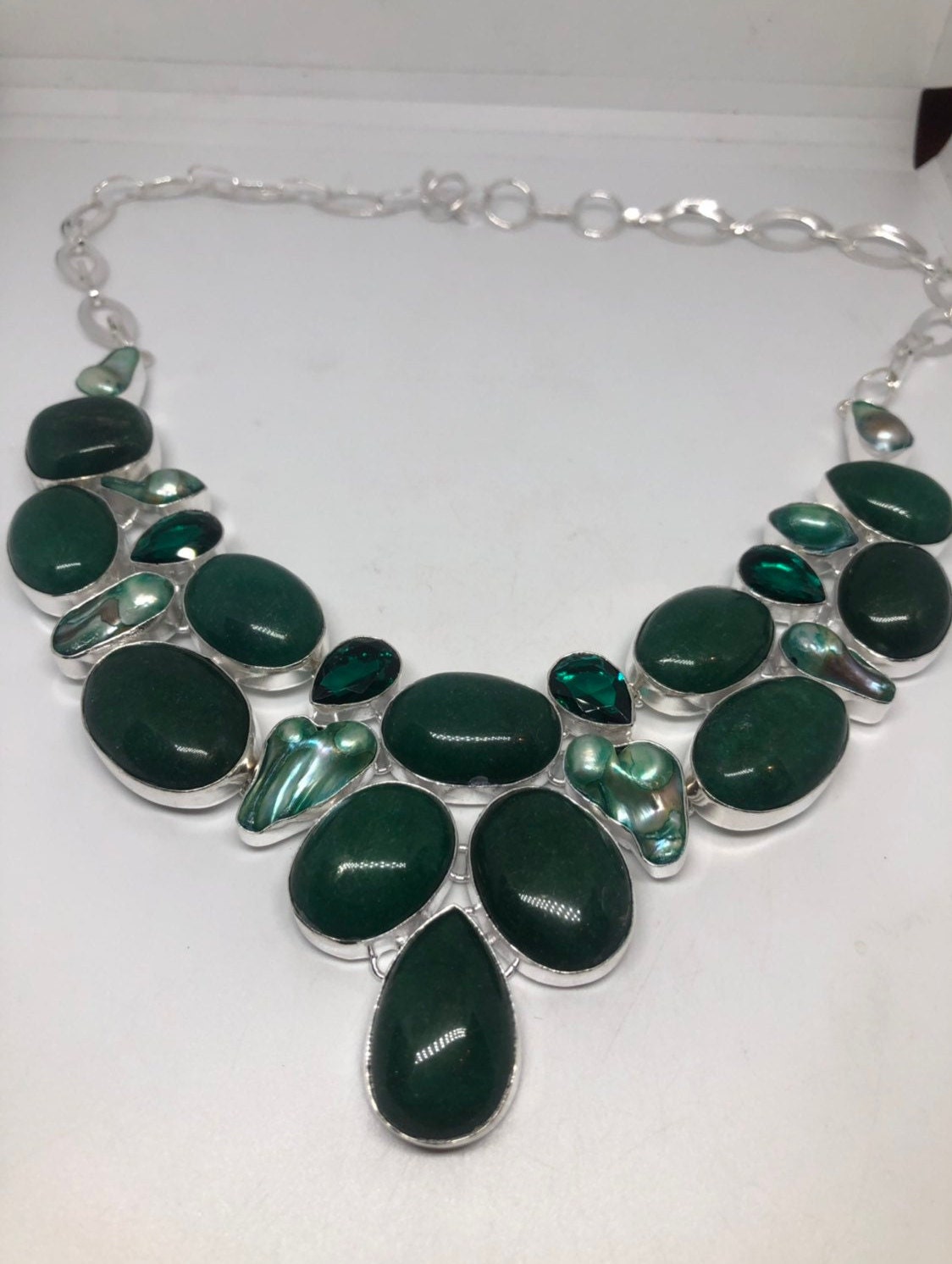 Green Chrysoprase & Antique Glass Bib Necklace, Gothic Handmade Jewelry