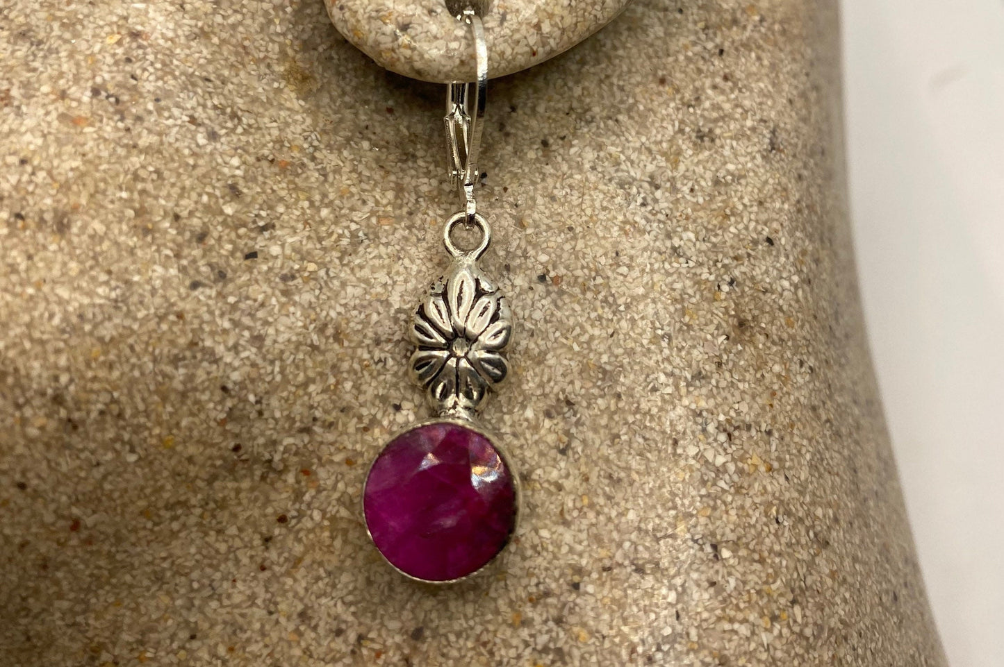 Vintage Pink Raw Ruby Earrings in 925 Sterling Silver Leverback