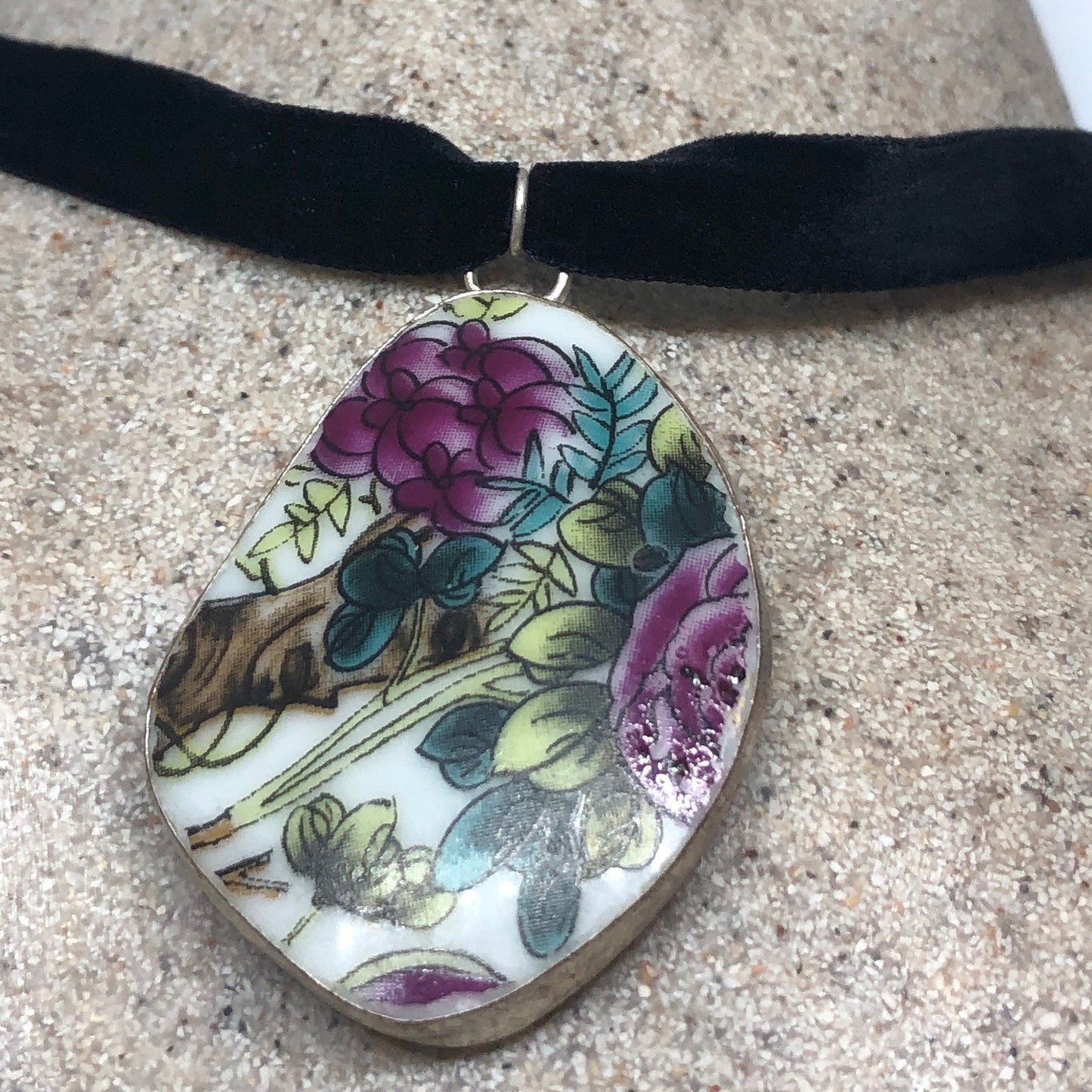 Vintage Handmade painted porcelain Silver Pendant