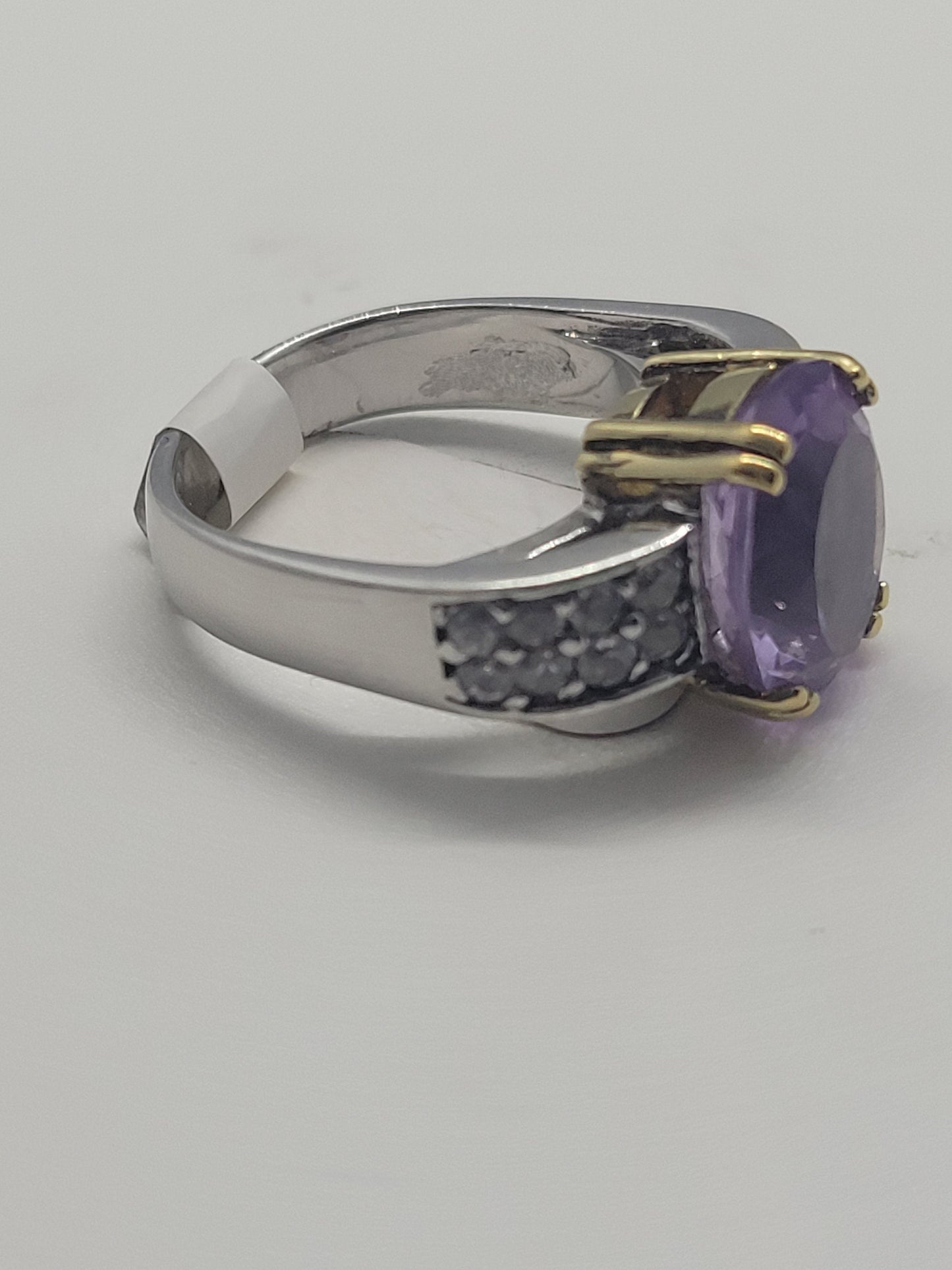 Vintage Purple Amethyst Ring, White Sapphire Sidestones, Sterling Silver with 14k Gold Accent