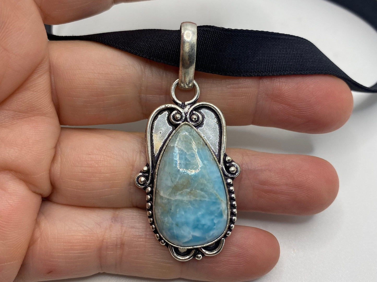 Vintage Blue Larimar Black Velvet Ribbon Choker Necklace