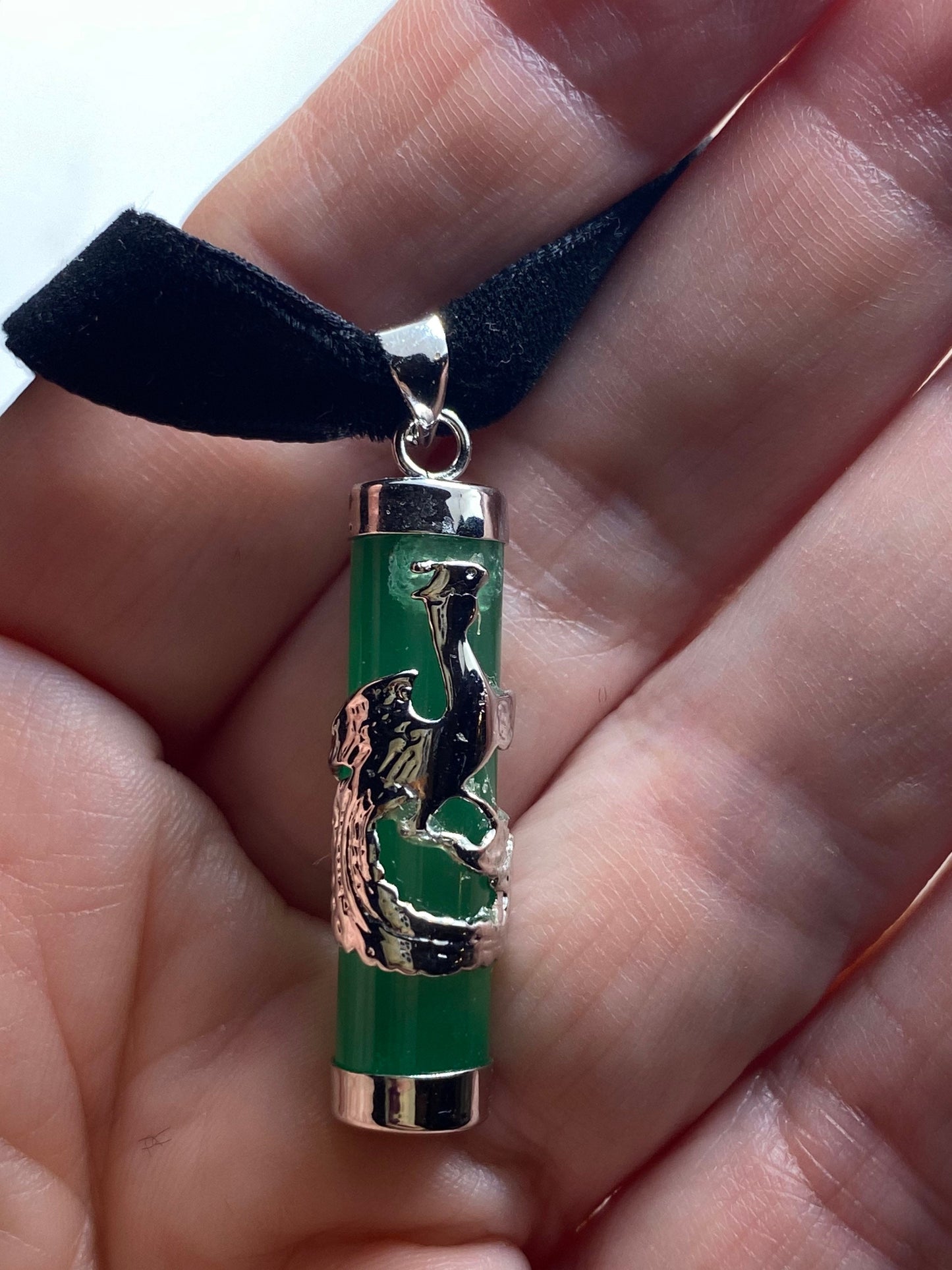 Vintage Green Jade Choker Silver Finish Dragon Necklace Pendant