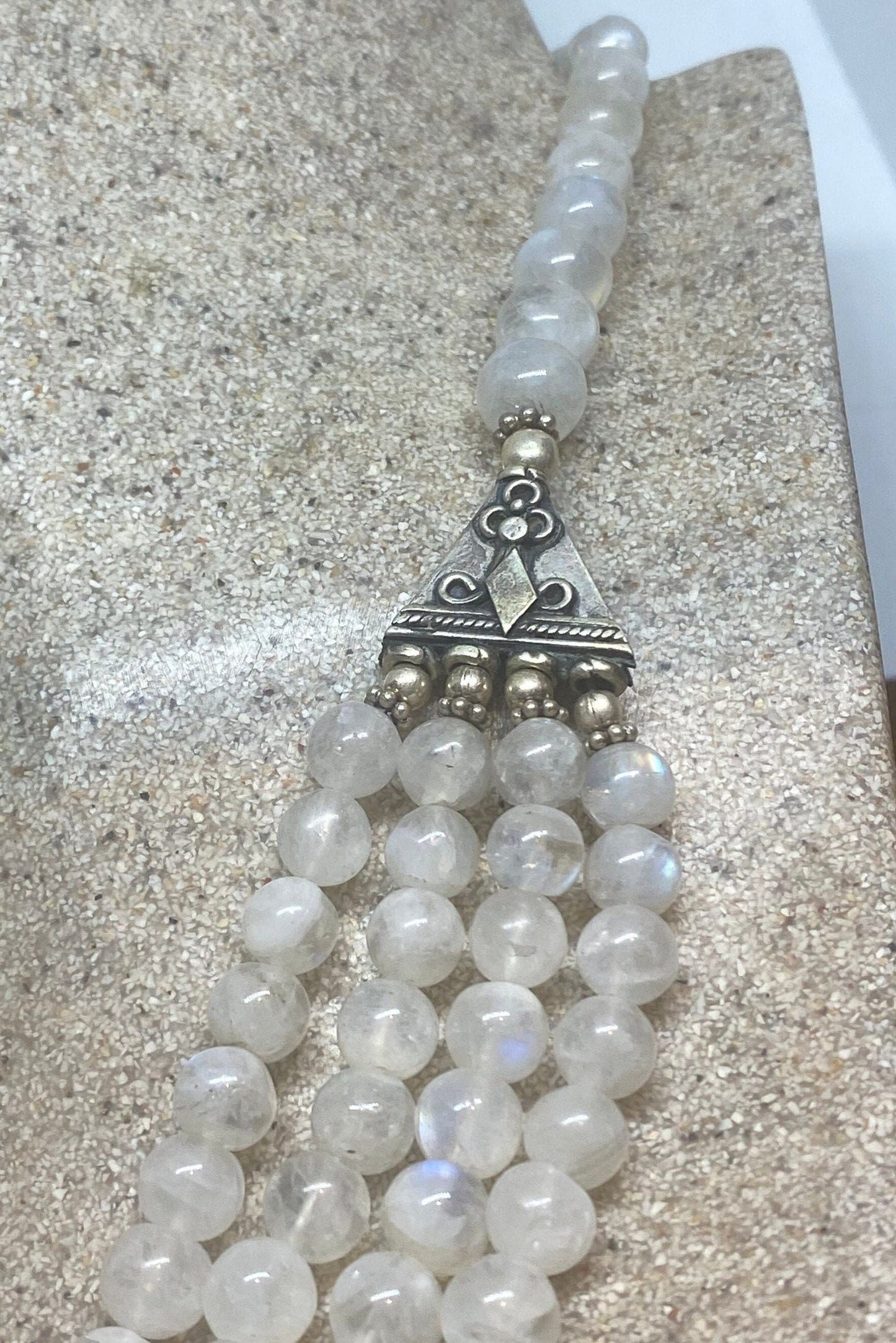 Vintage Moroccan Rainbow Moonstone Crystal Necklace with 925 Sterling Silver
