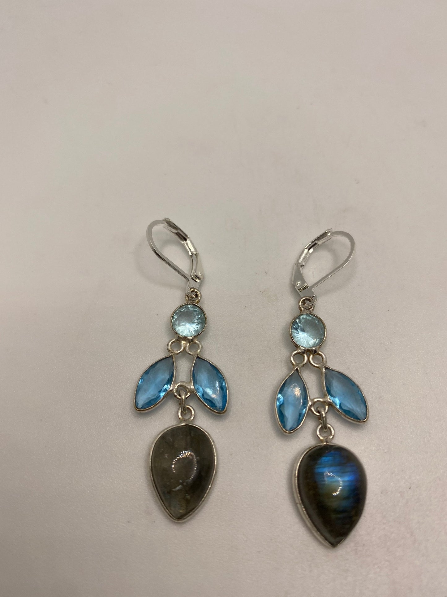 Antique Vintage Blue Labradorite Blue Topaz Silver Dangle Lever Back Earrings