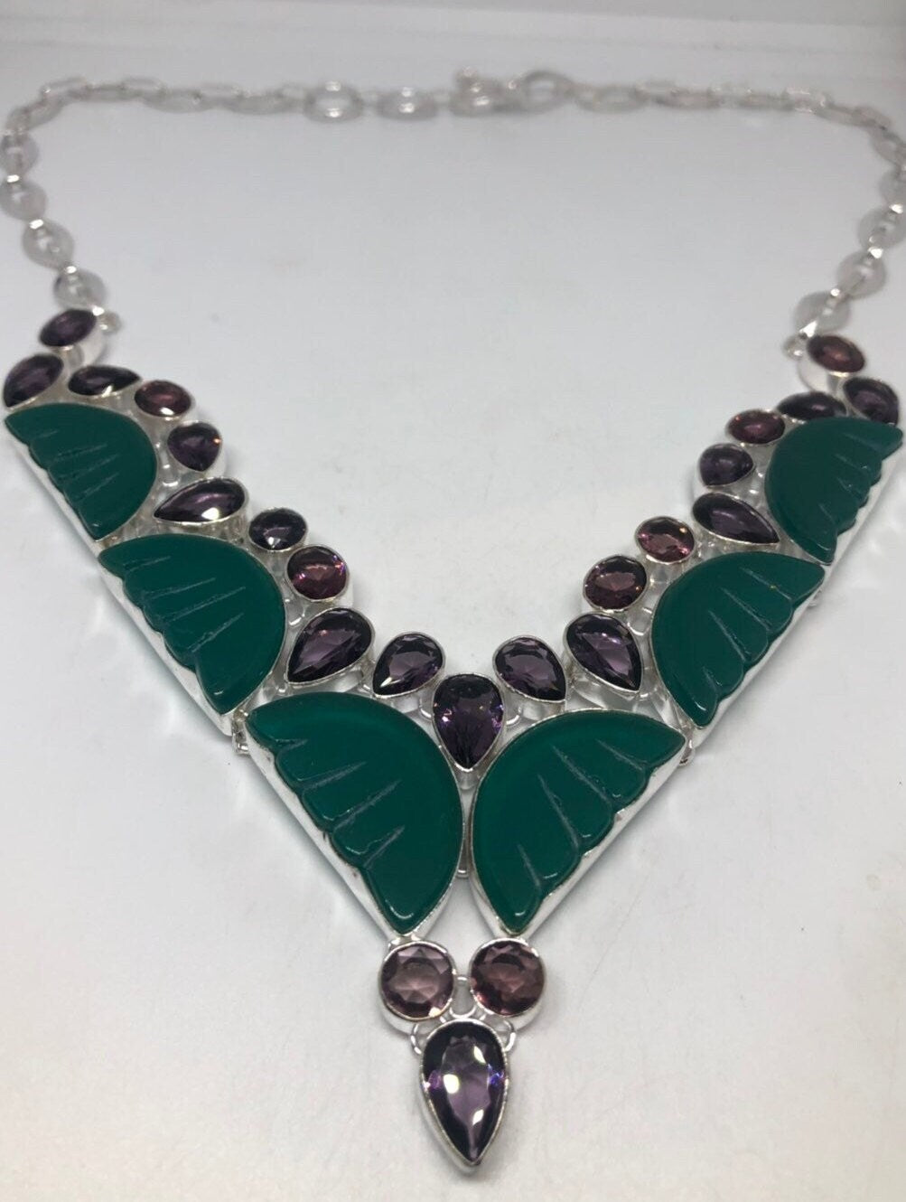 Green Chrysoprase & Amethyst Glass Bib Necklace, Gothic Style