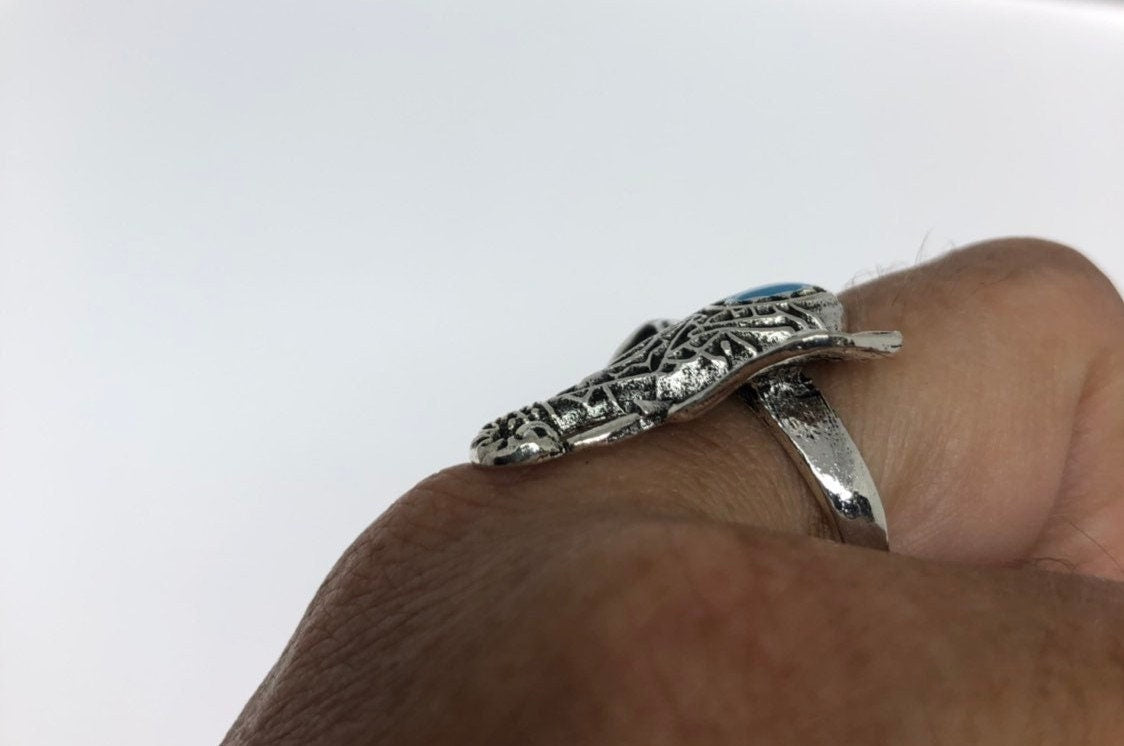 Vintage Turquoise Elephant Ring, White Bronze Jewelry