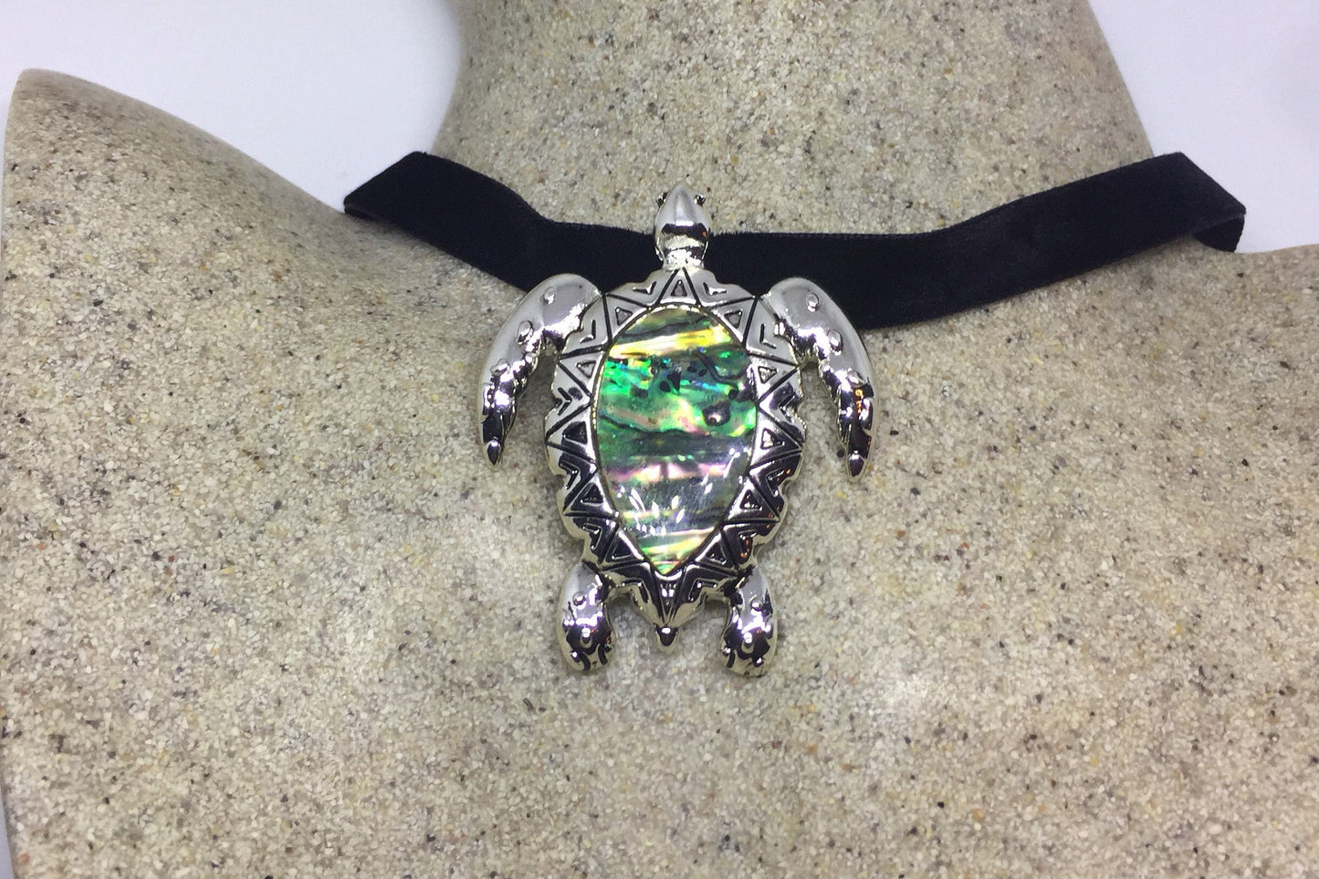 Blue Handmade Gothic Styled Silver Finished Genuine Abalone Sea Turtle Choker Necklace