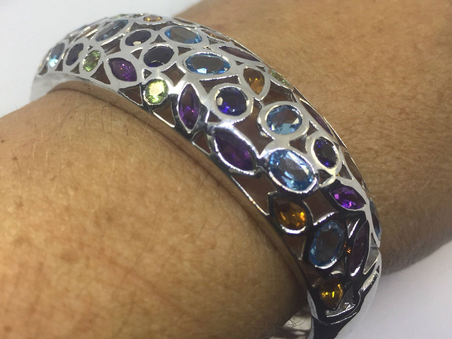 Genuine Mixed Gemstones in 925 Sterling Silver Deco Bangle Bracelet