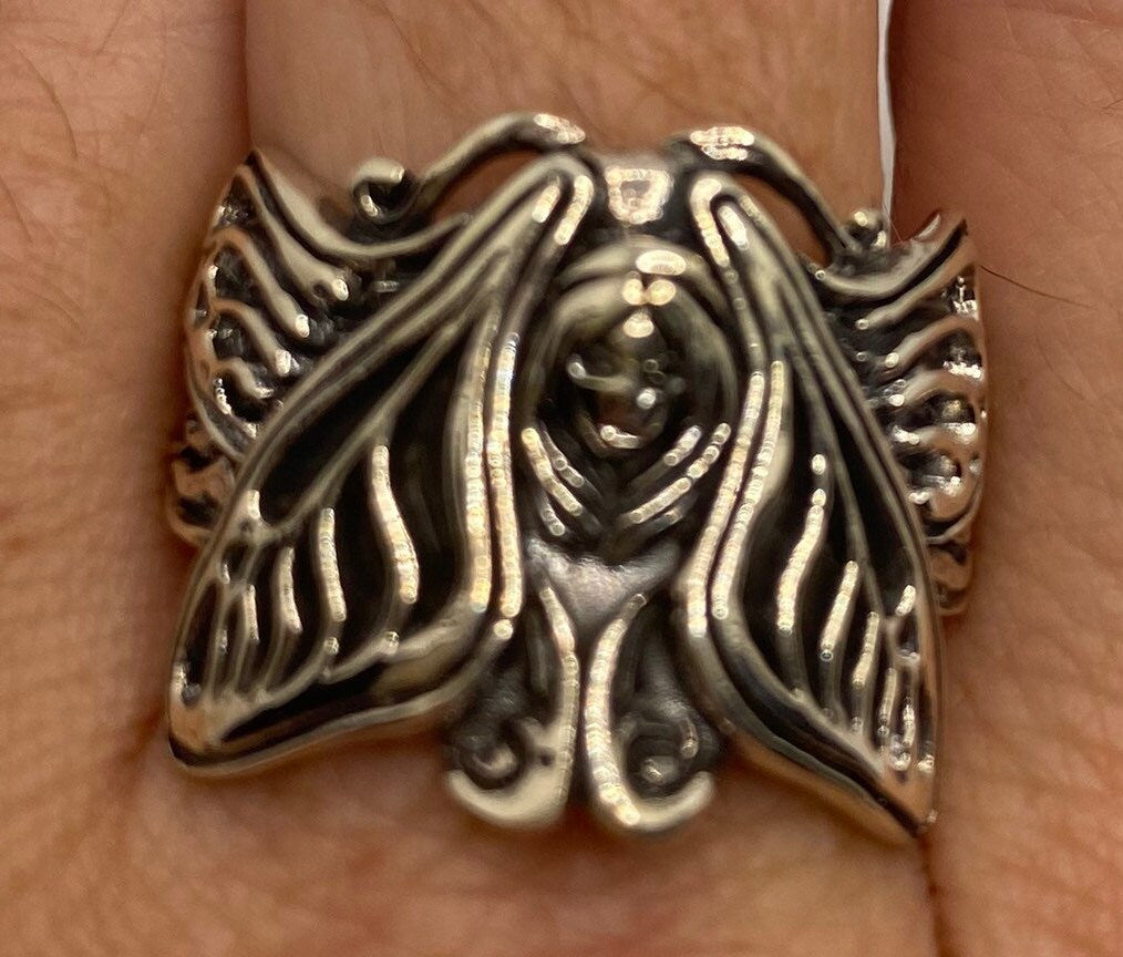 925 Sterling Silver Fairy Moth Deco Goddess Ring on finger