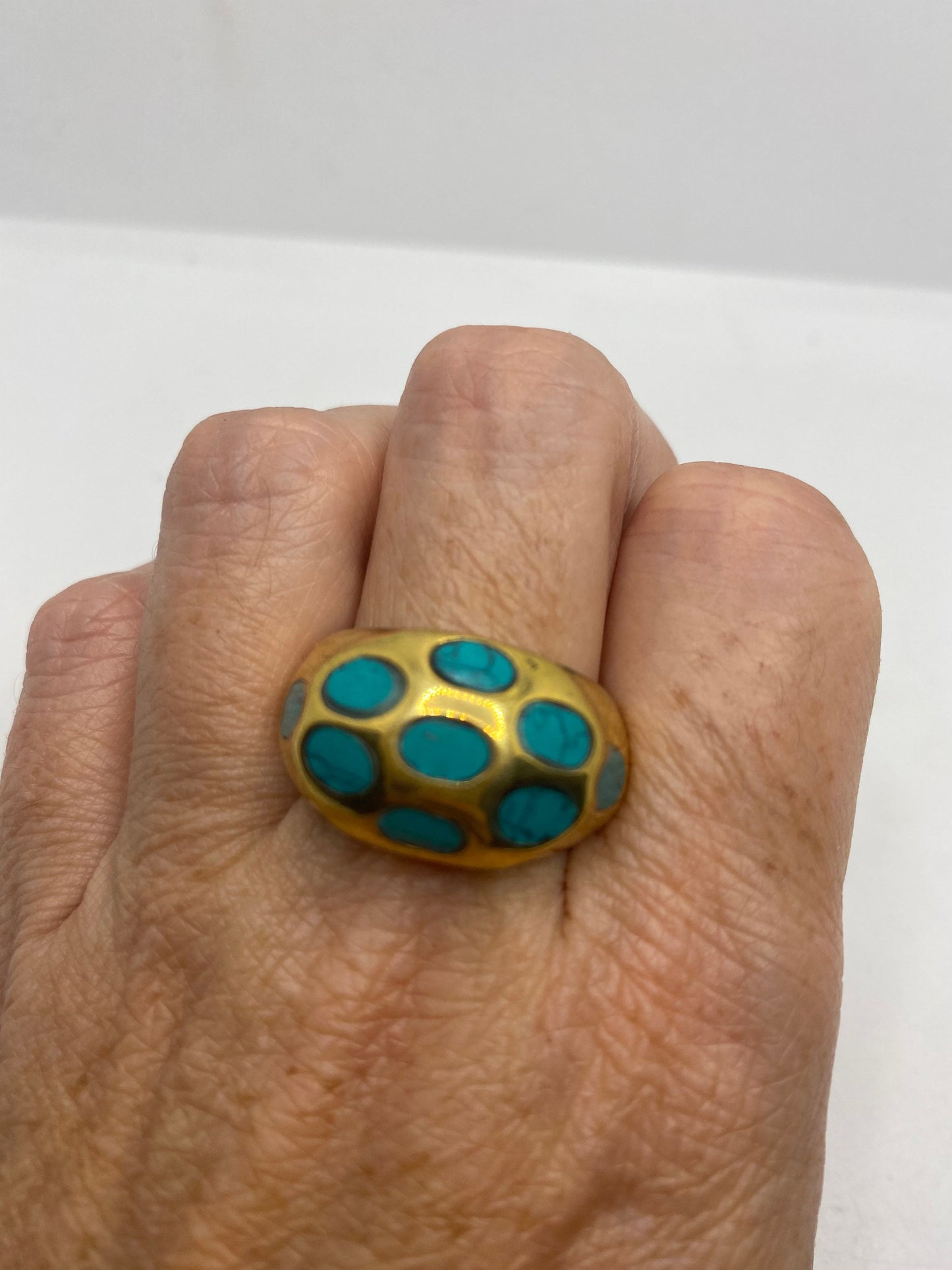 Vintage Tibetan Turquoise Golden Brass Ring