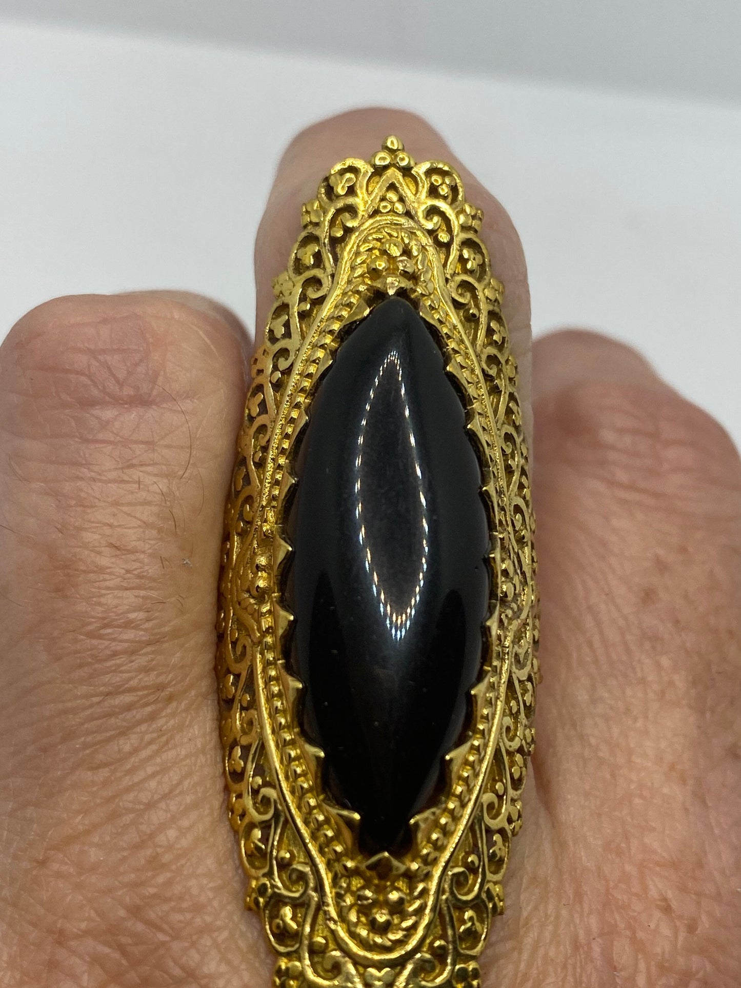 Vintage Black Onyx Golden Brass Size 7.75 Ring