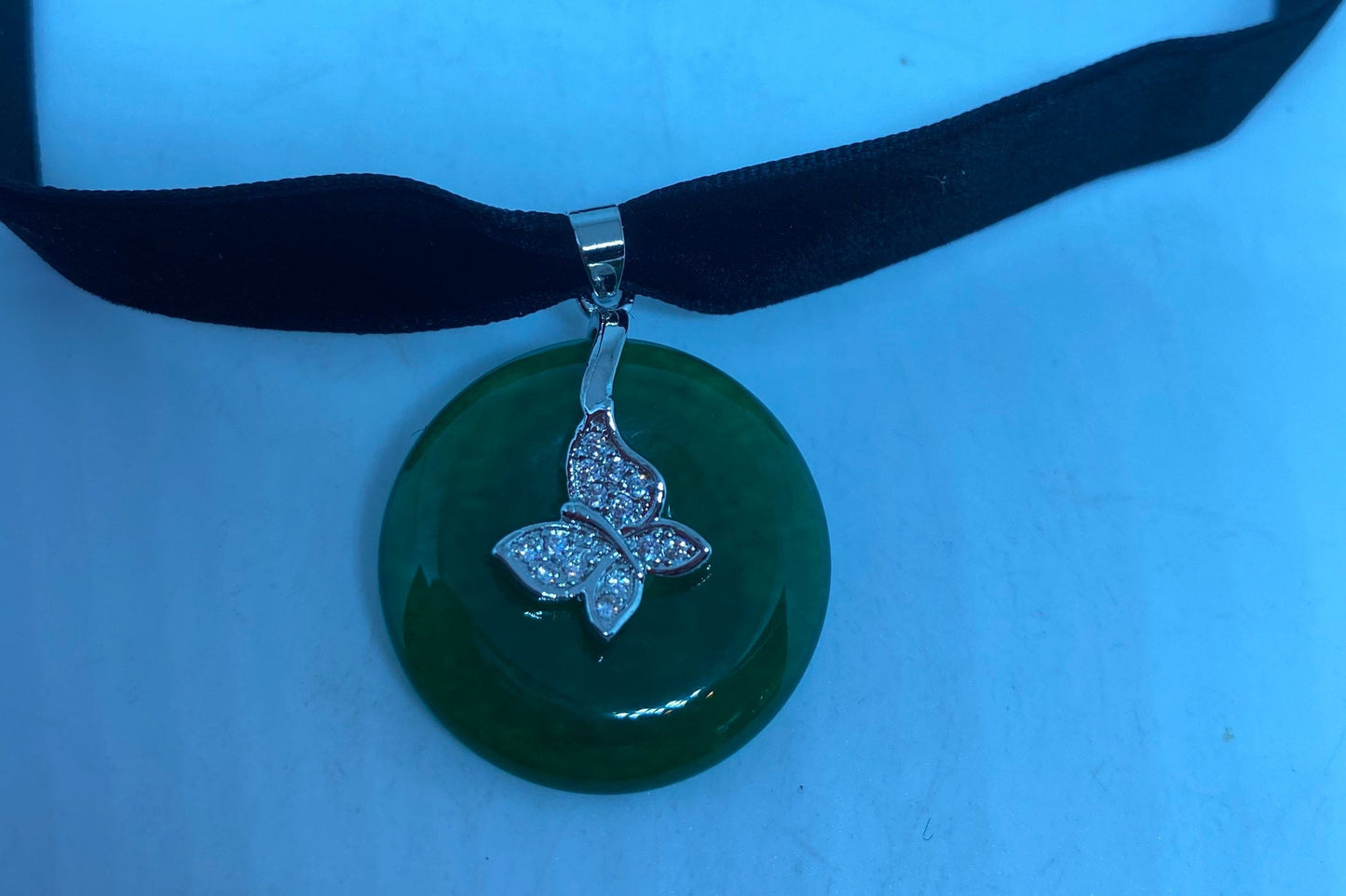 Vintage Green Jade Silver Finish Mariposa Butterfly Necklace