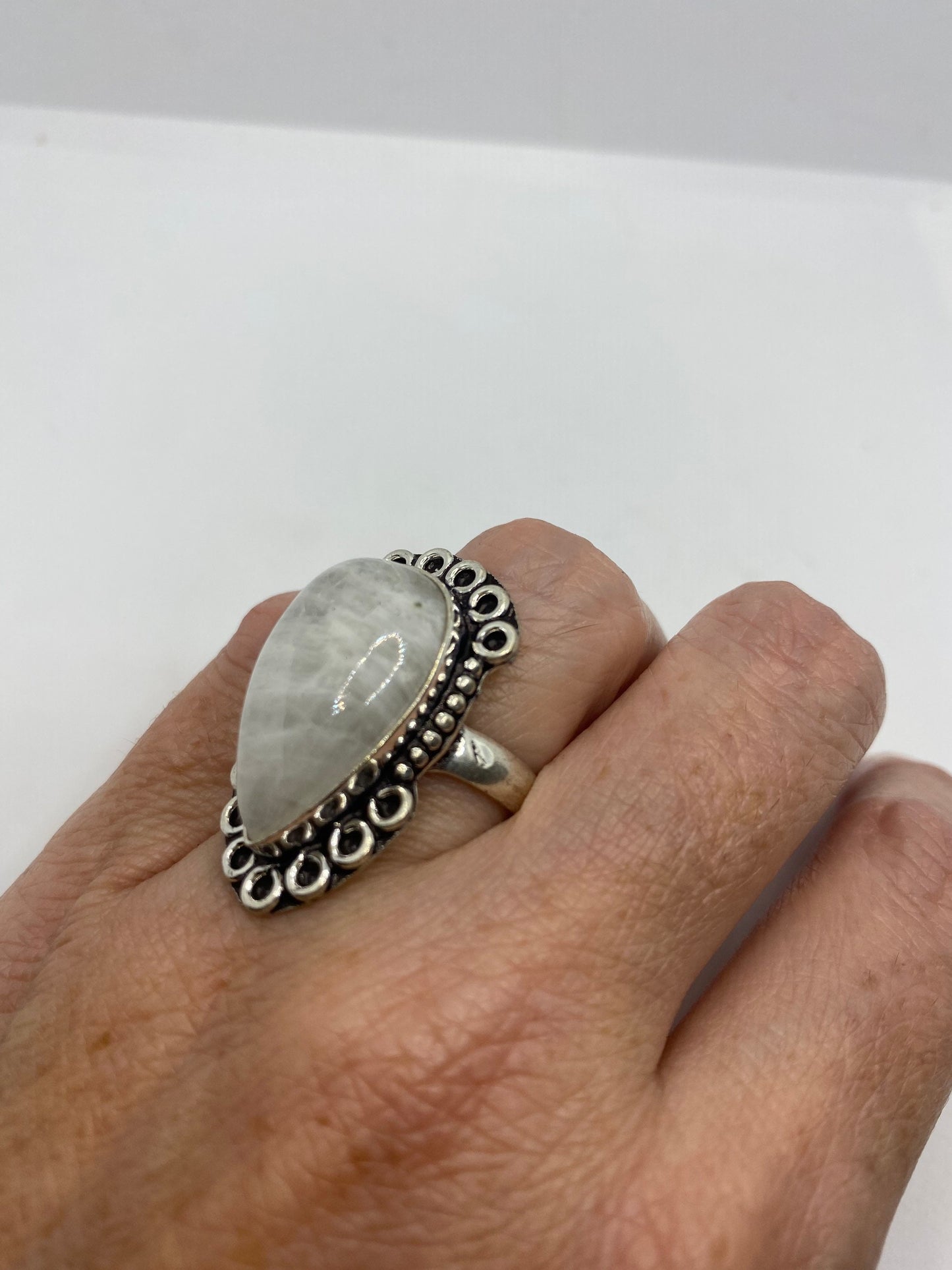 Vintage Genuine Blue White Rainbow Moonstone Ring