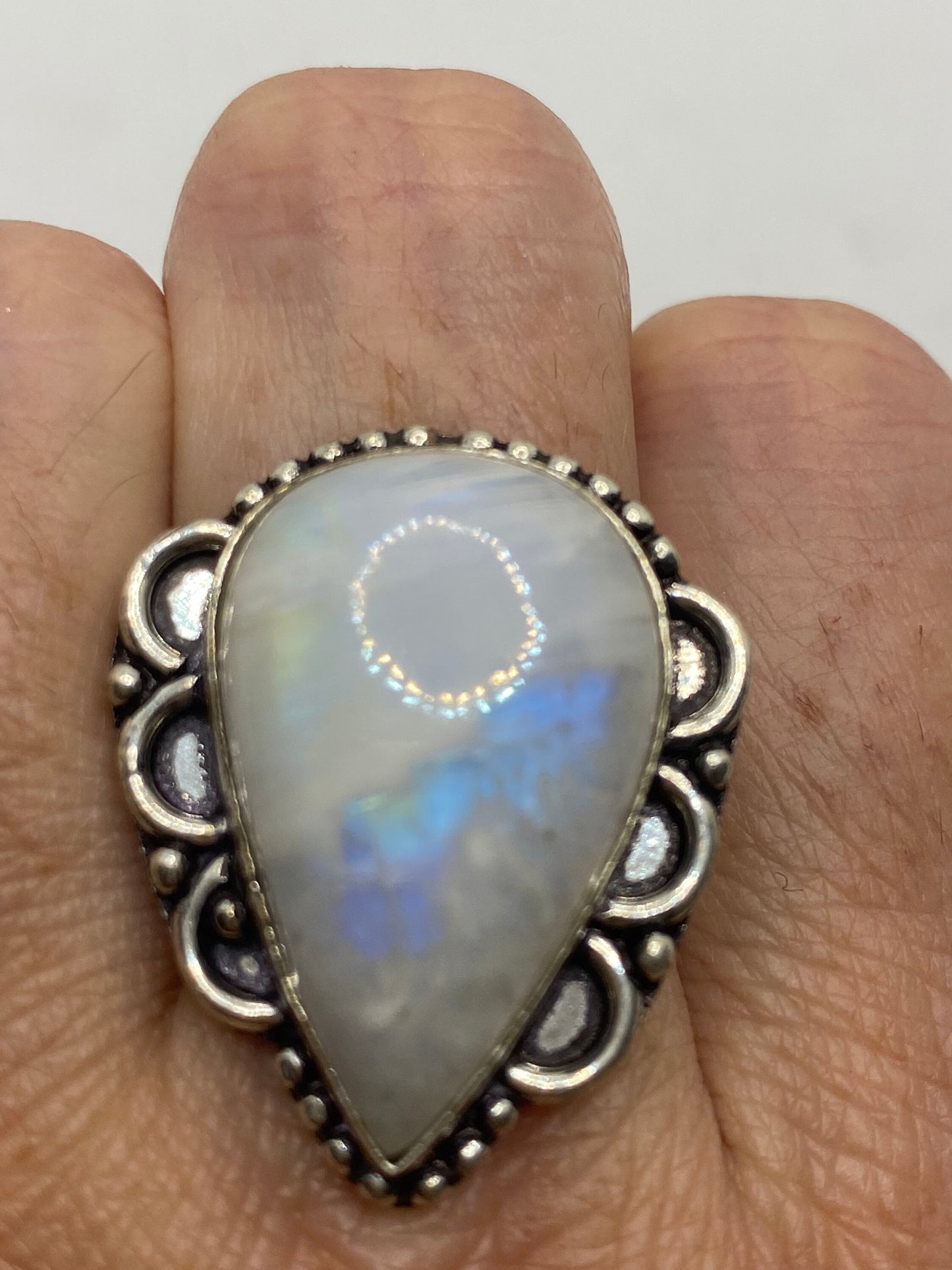 Vintage Genuine Blue White Rainbow Moonstone Ring