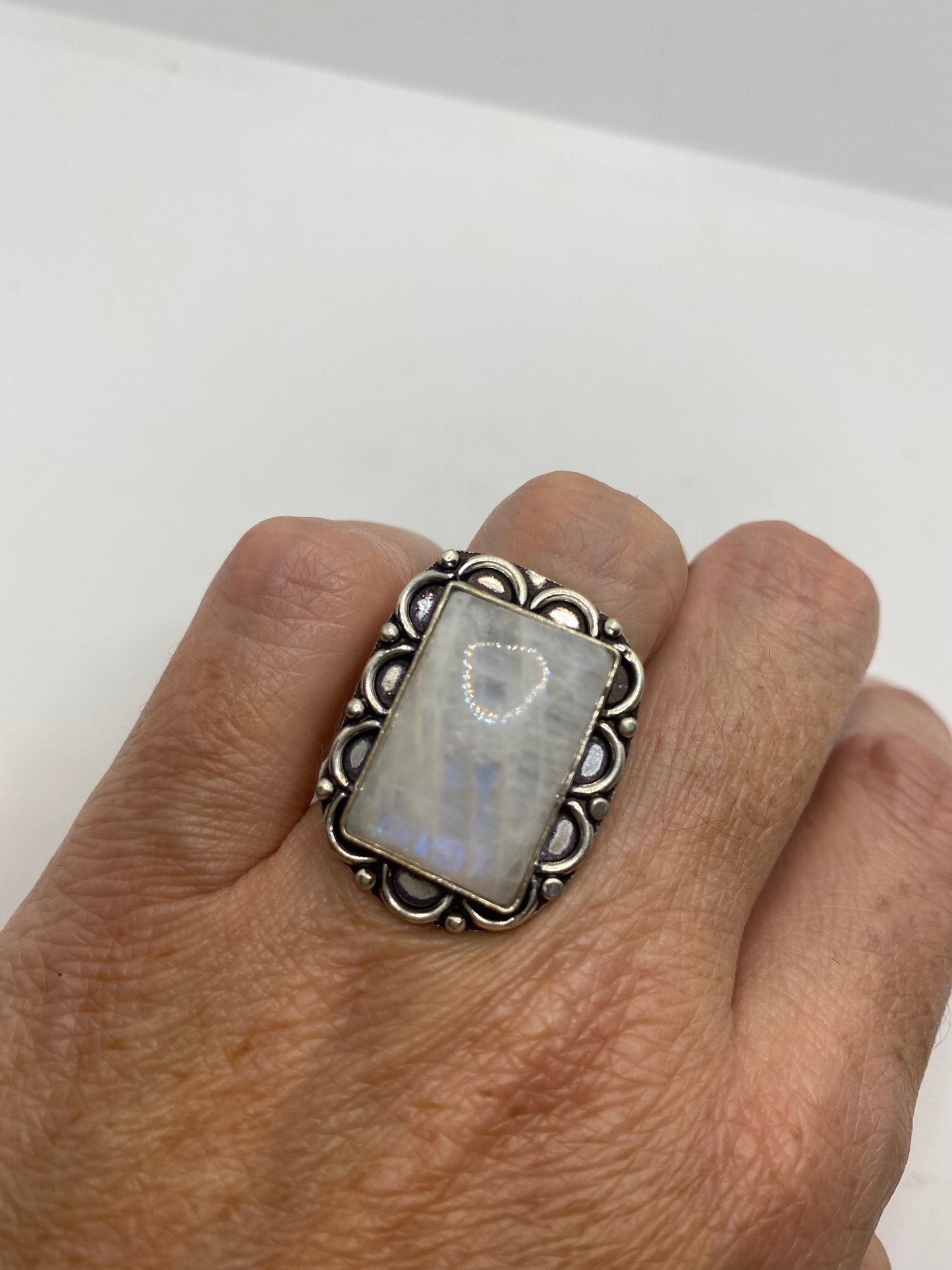 Vintage Genuine Blue White Rainbow Moonstone Ring