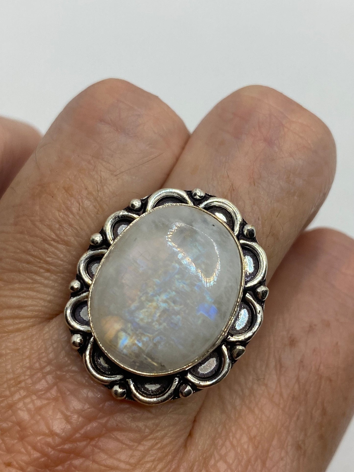 Vintage Genuine Blue White Rainbow Moonstone Ring