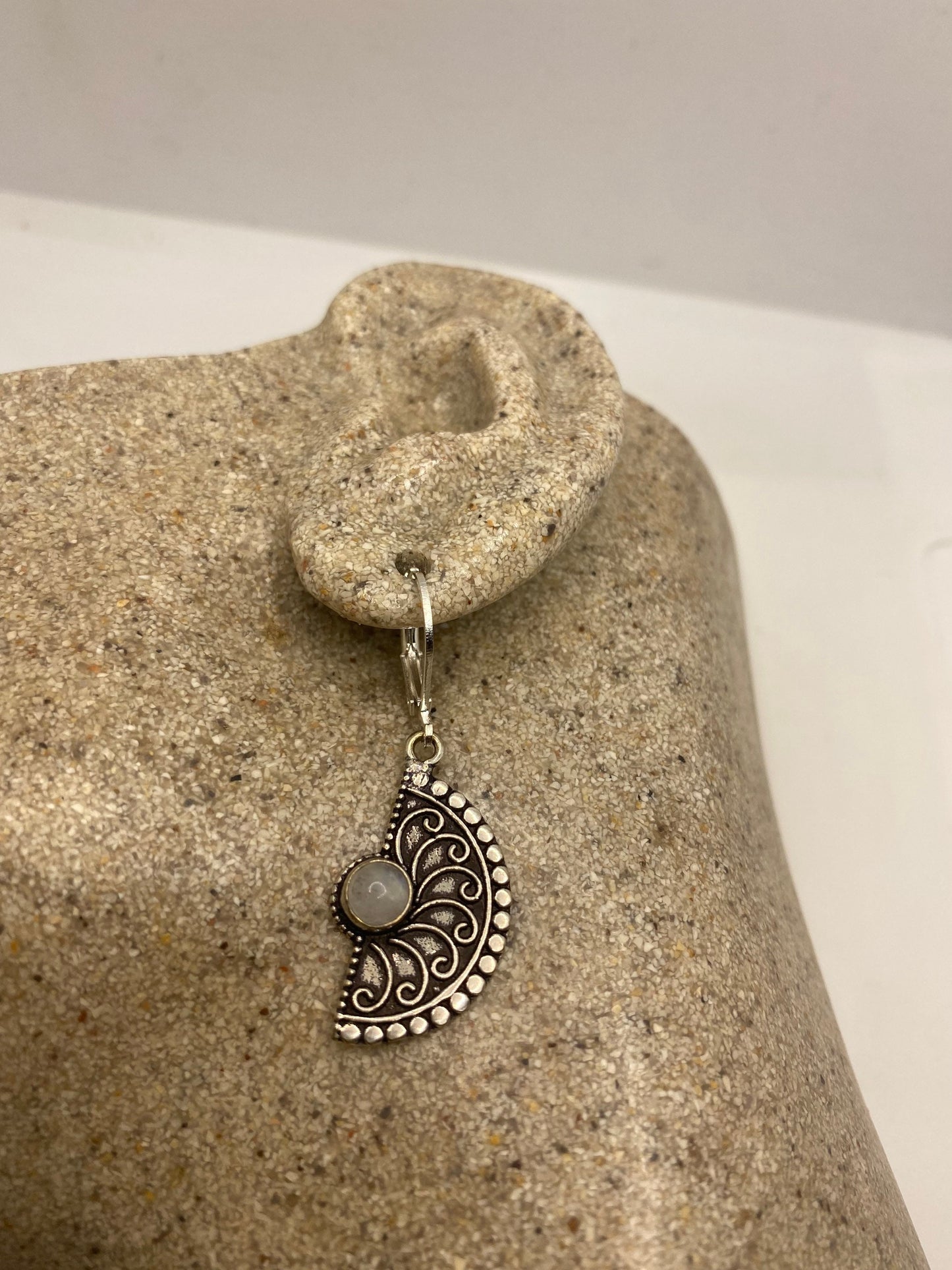 Vintage Rainbow Moonstone Sterling Silver Lever Back leaf Dangle Earrings