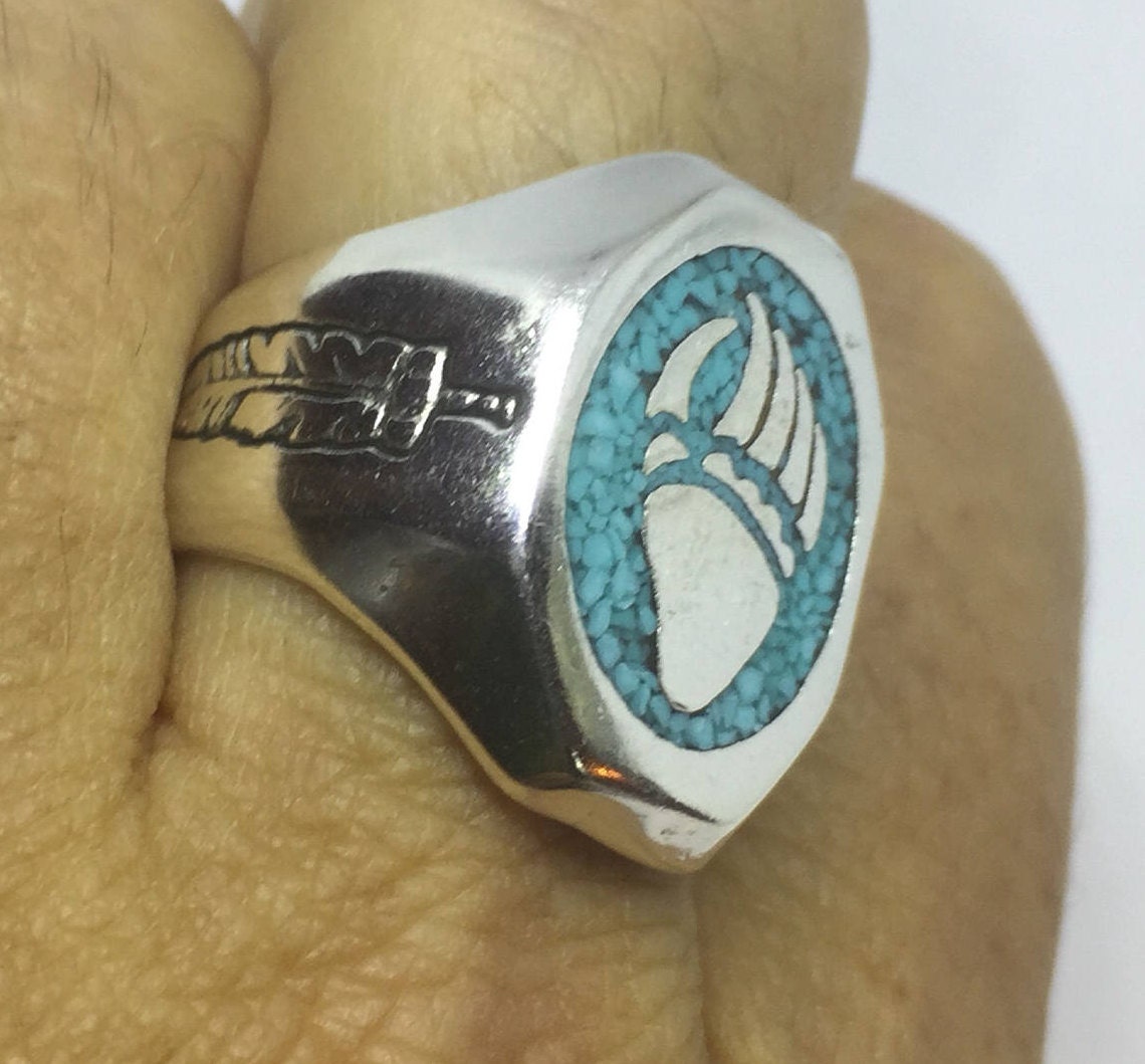 Vintage Native American Style Southwestern Turquoise Stone Inlay Mens Bear Paw Ring