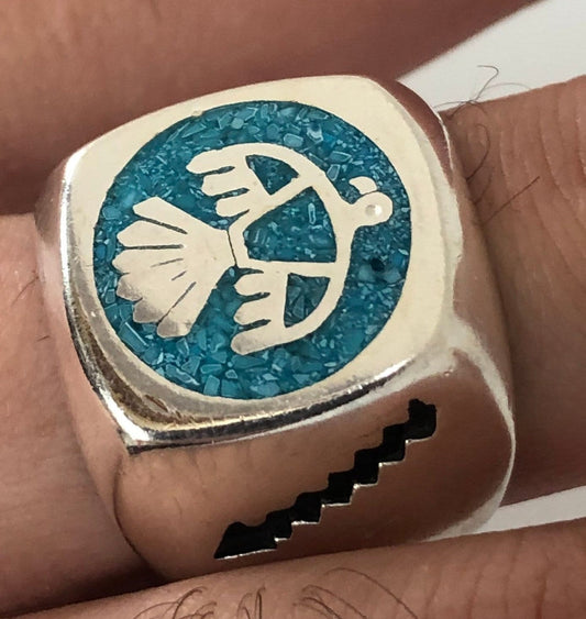 Vintage Thunderbird Ring Native American Style Southwestern Turquoise Stone Inlay Mens Ring