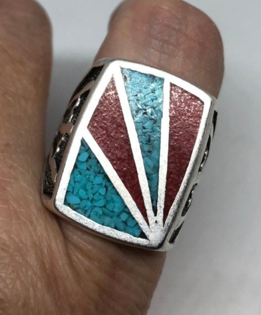 Vintage Native American Style Southwestern Turquoise Inlay Mens Ring
