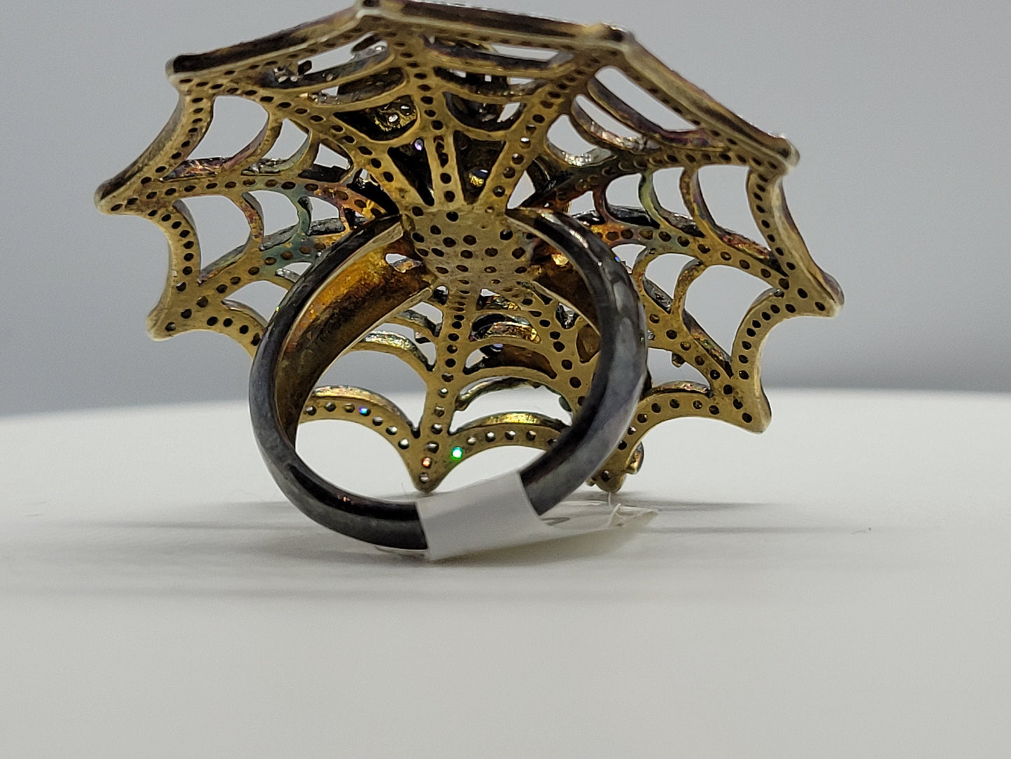 Vintage Spider Ring Champagne Diamonds with Blue Iolite in Unique 925 Sterling Silver Spider Web