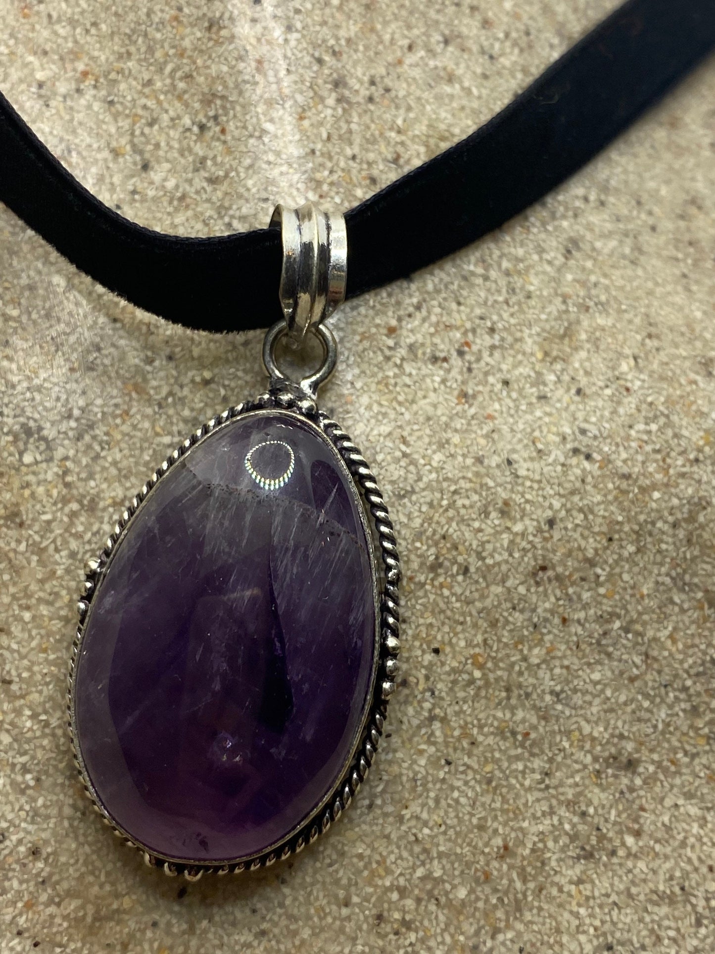 Bohemian Cabochon Cut Droplet Deep Purple Genuine Amethyst Necklace