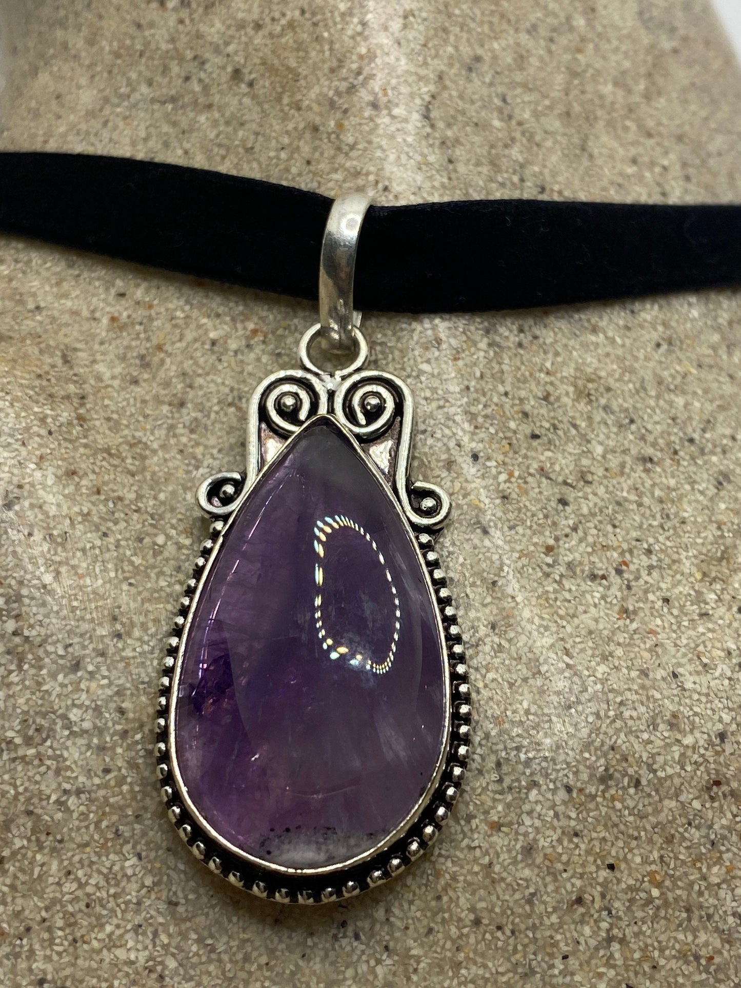 Vintage Purple Amethyst Choker Bohemian Cabochon Droplet Necklace