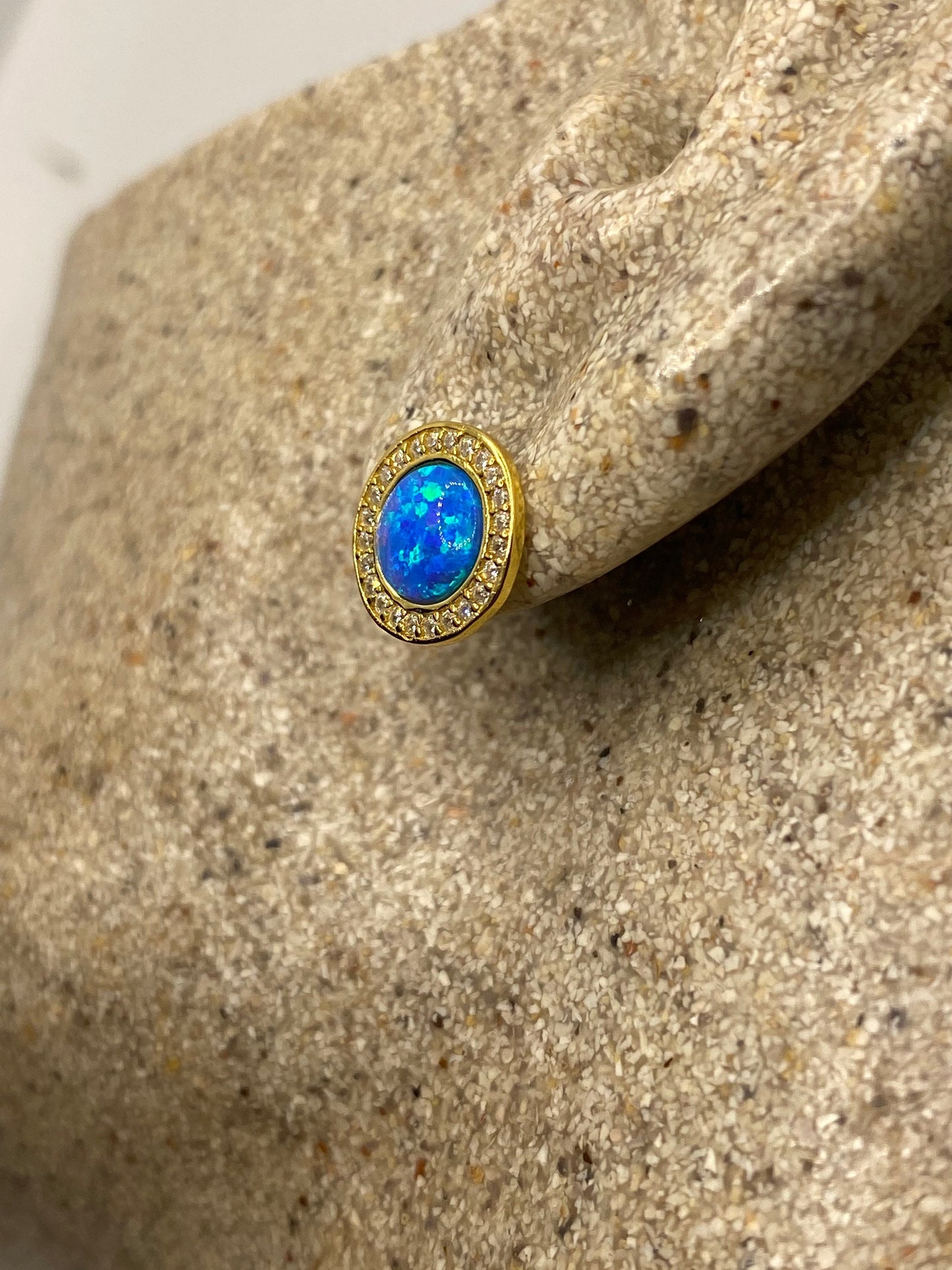 Vintage Blue Opal Earrings Golden 925 Sterling Silver Stud Button