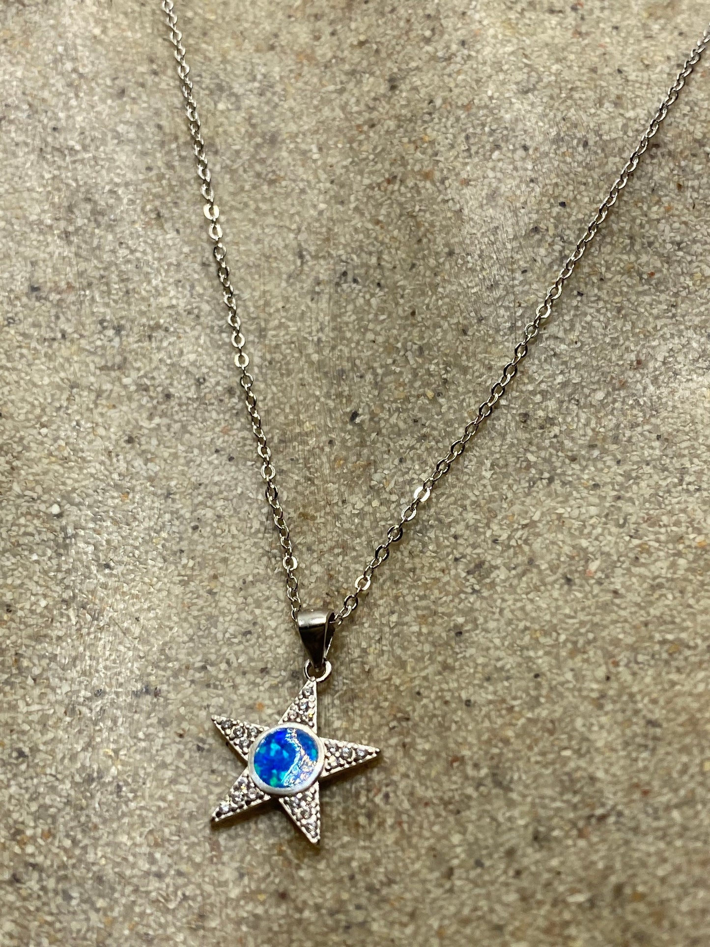 Vintage Blue Fire Opal Star Choker 925 Sterling Silver Pendant Necklace