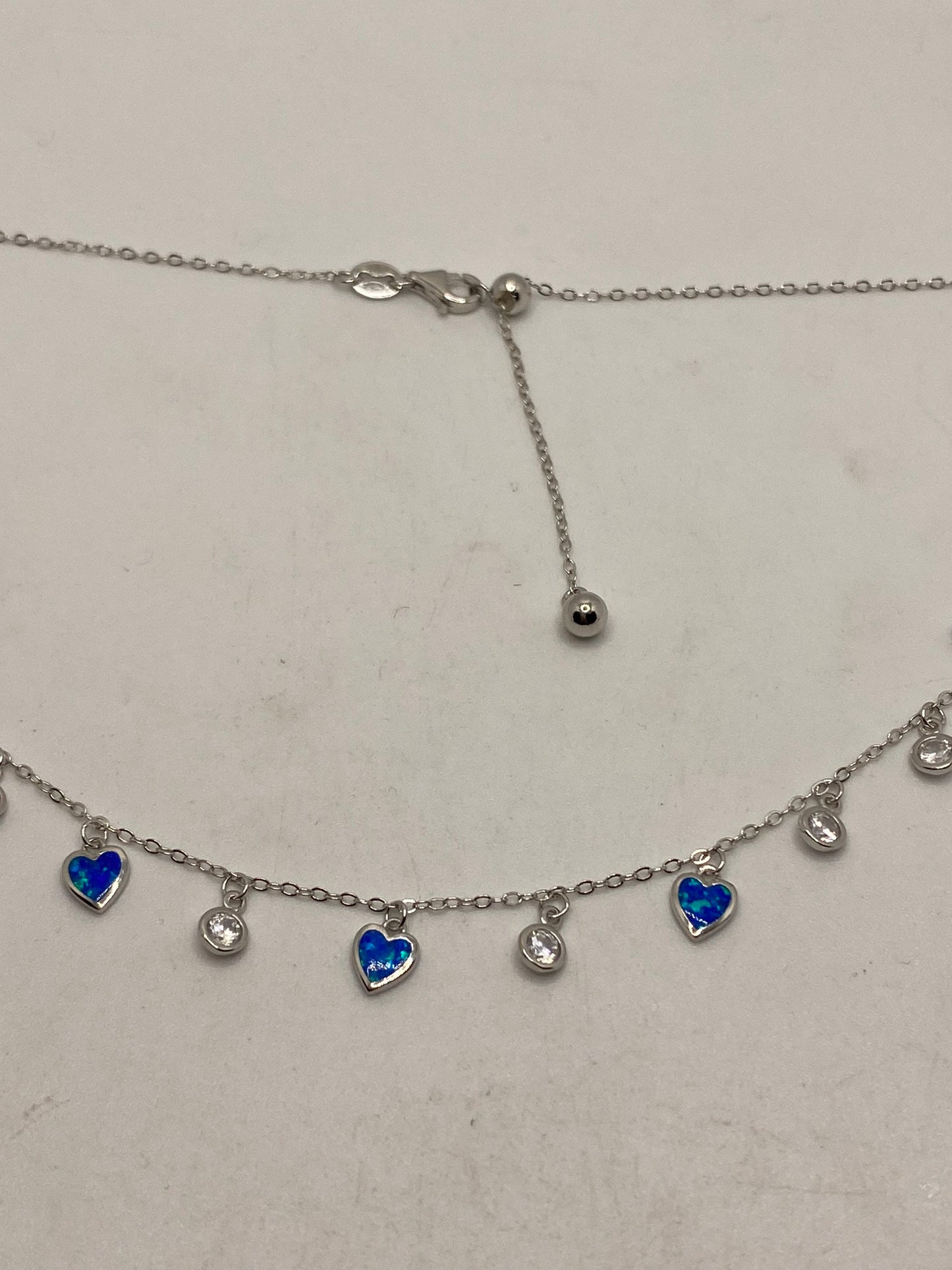 Vintage Blue Fire Opal Heart Choker 925 Sterling Silver Charm Necklace
