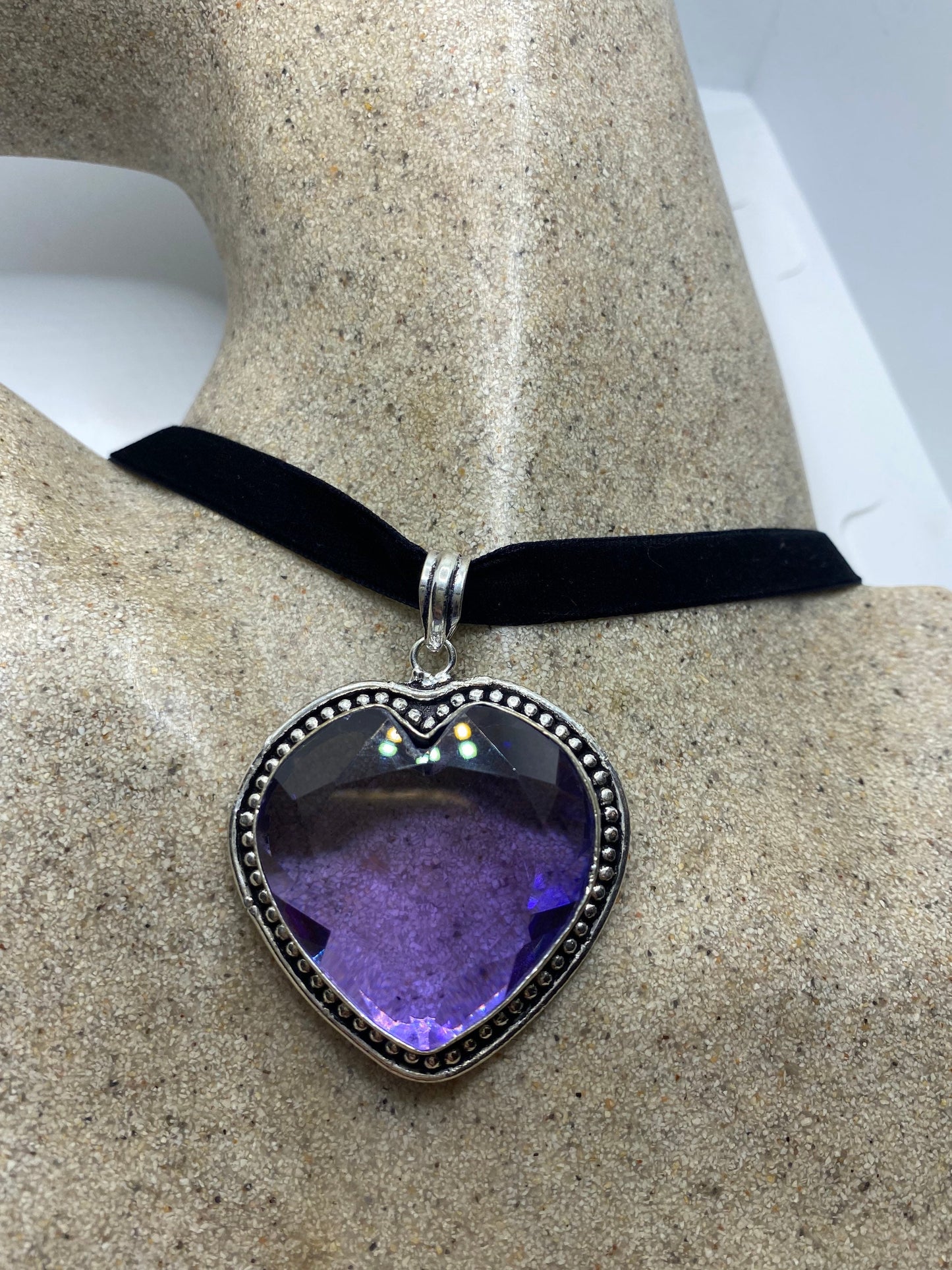 Vintage Heart Antique Purple Glass Choker Necklace
