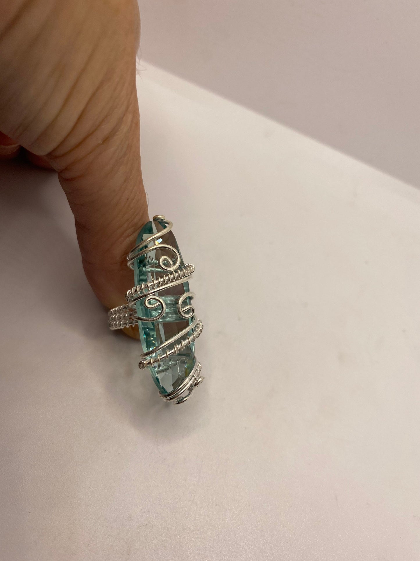 Vintage Aqua Blue antique Glass Silver Ring