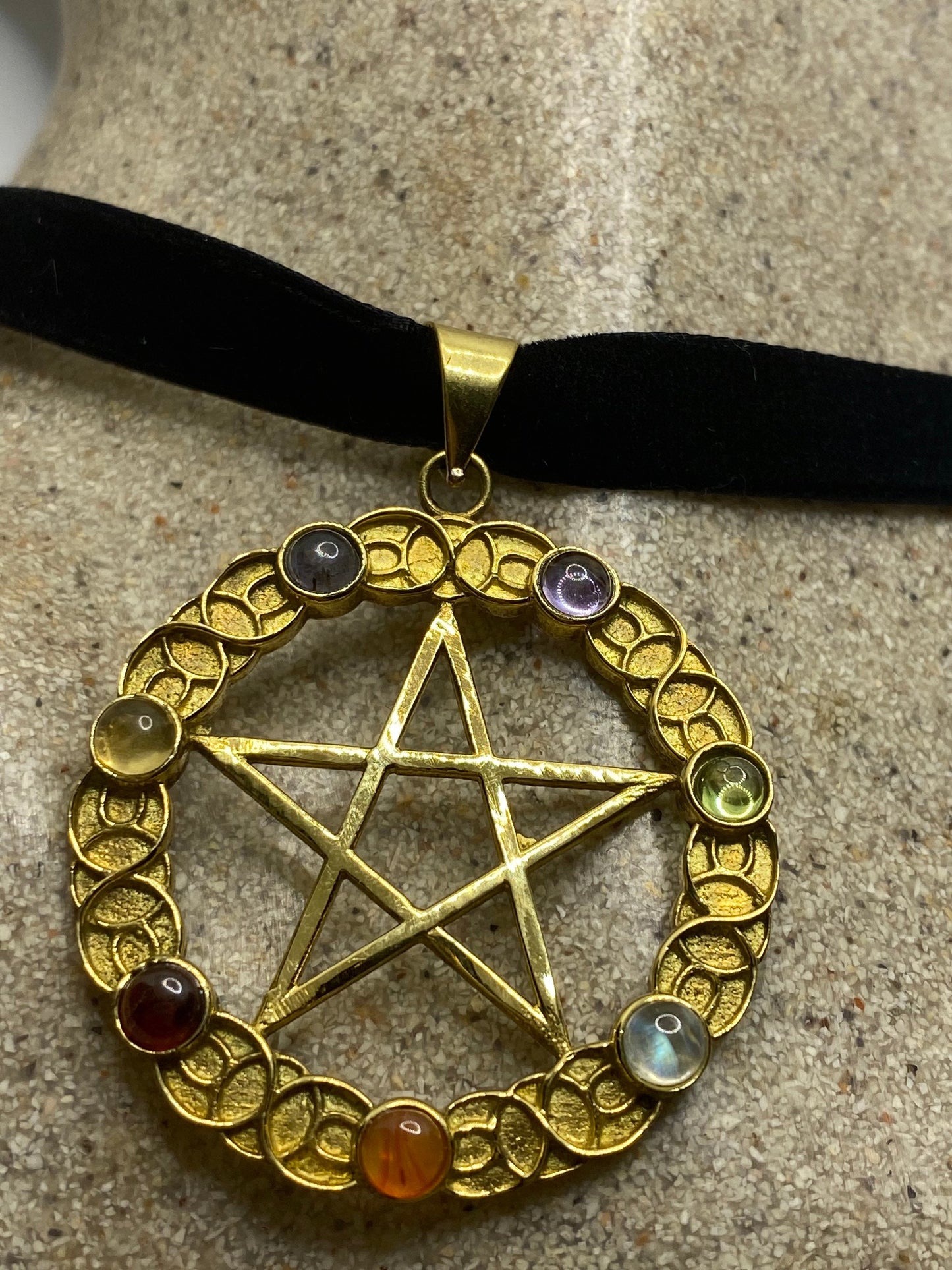 Vintage Pentagram Chakra Stones Bronze Velvet Choker Necklace.