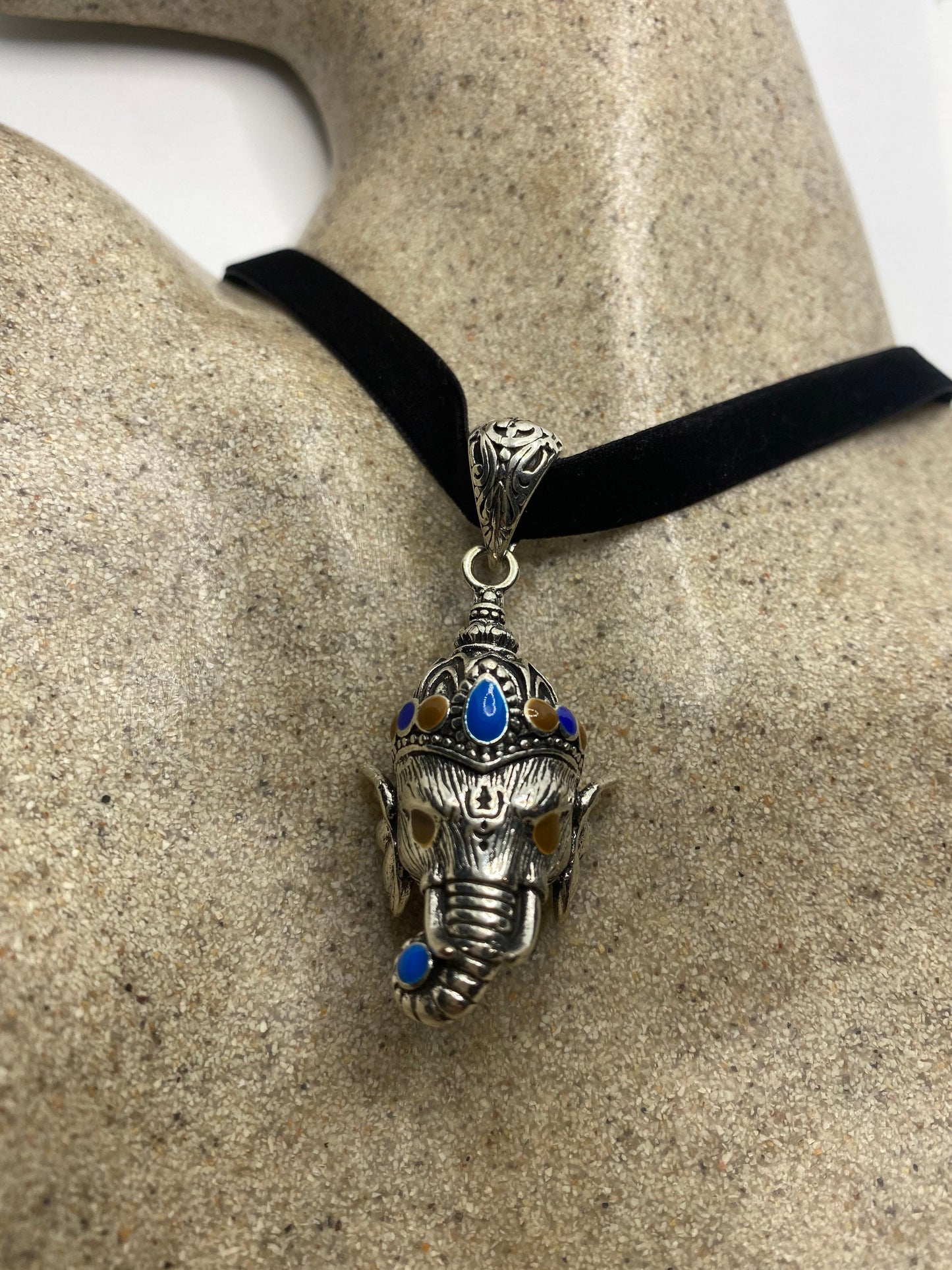 Vintage Elephant White Bronze Velvet Choker Necklace.