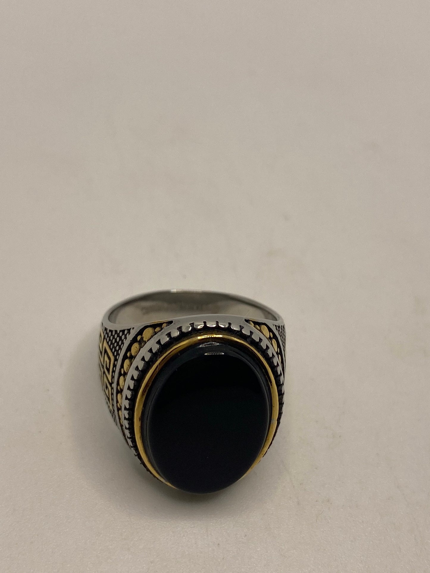 Vintage Gothic Gold Finished Stainless Steel Black Onyx Genuine Ring