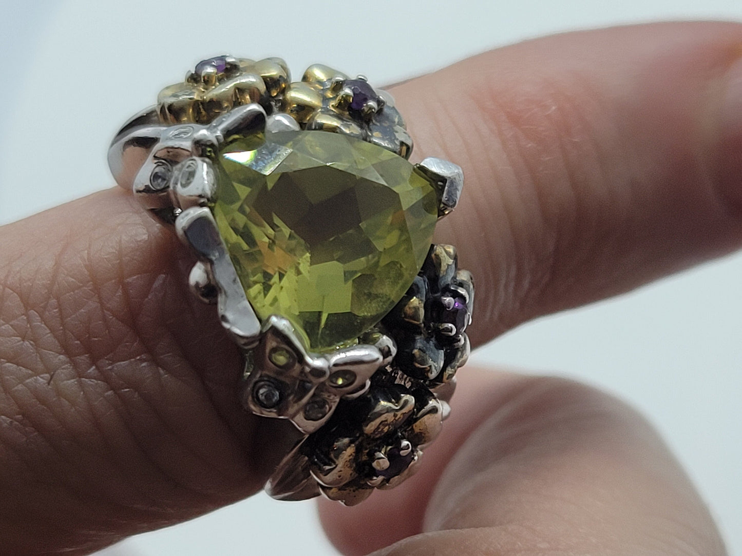 Vintage Yellow Quartz Amethyst Ring, 925 Sterling Silver 14k Accent