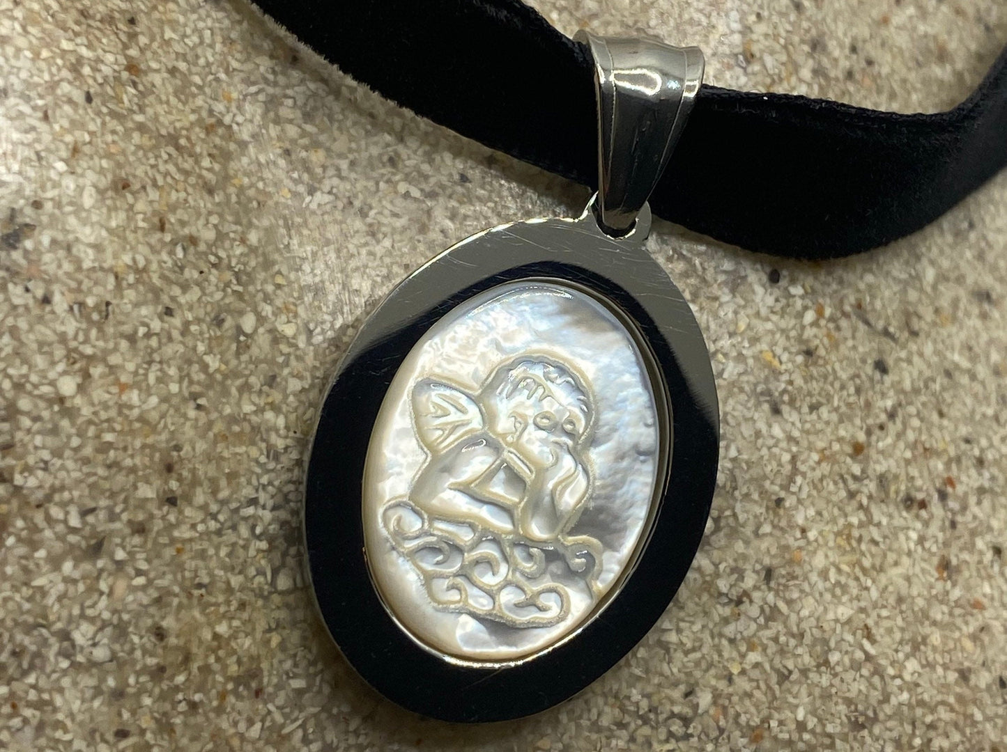 Vintage Mother of Pearl Guardian Angel Cameo Choker Silver Pendant Necklace